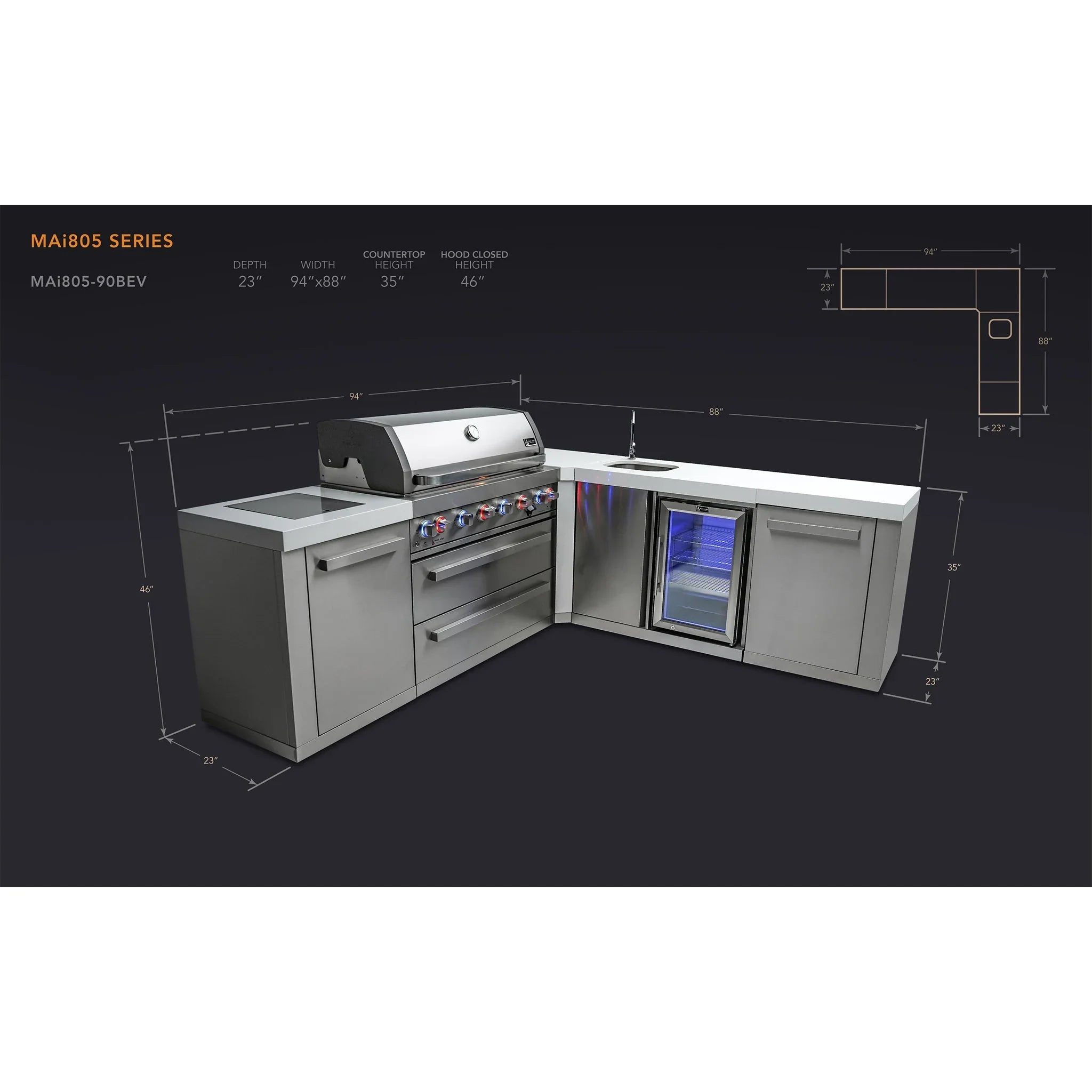 805 Original Stainless Steel 6-Burner Outdoor Kitchen Island with 90 Degree Corner and Beverage Center