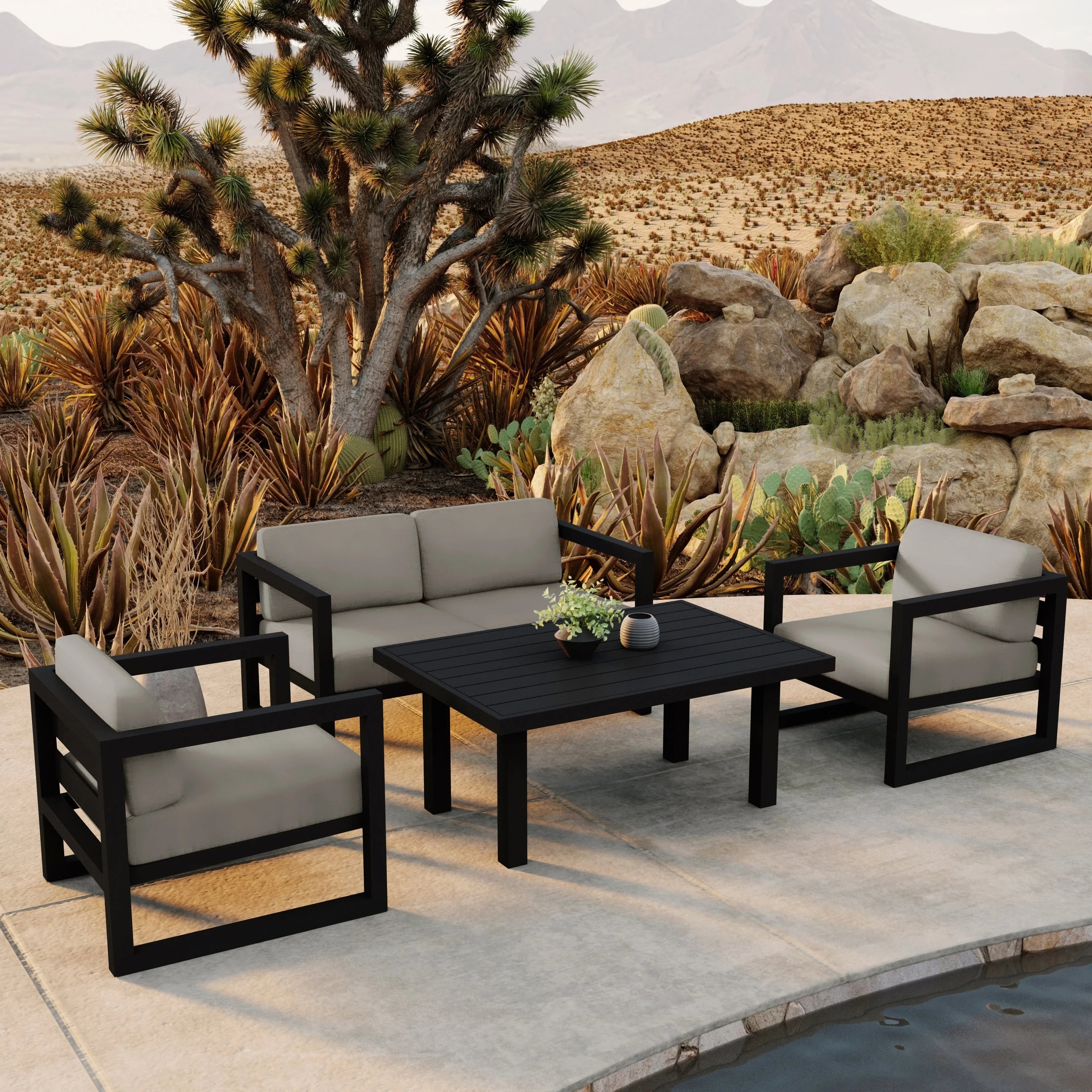 Avion Classic 4 Piece Aluminum Loveseat Set#Finish_Black#Fabric_Canvas Charcoal