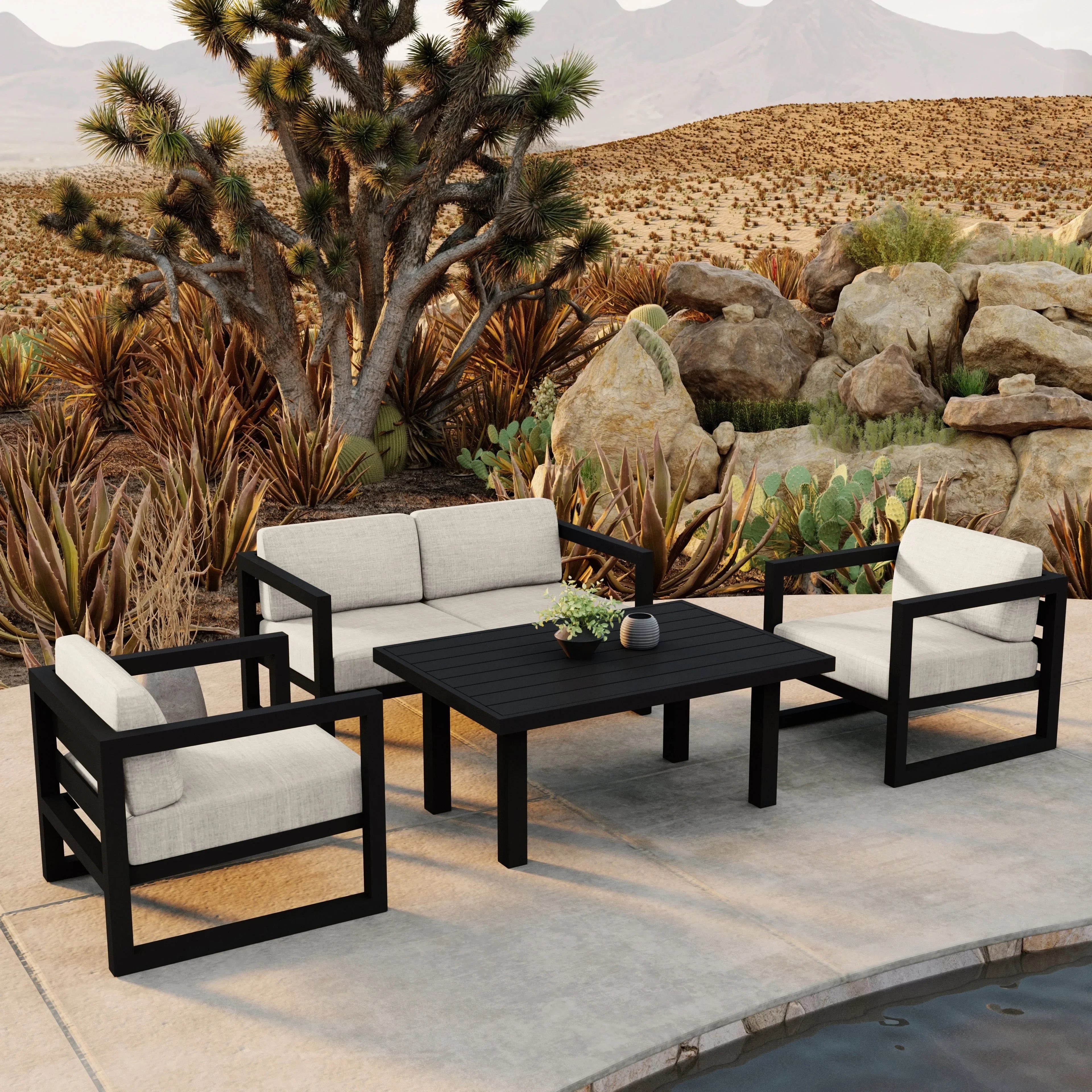 Avion Classic 4 Piece Aluminum Loveseat Set#Finish_Black#Fabric_Cast Silver