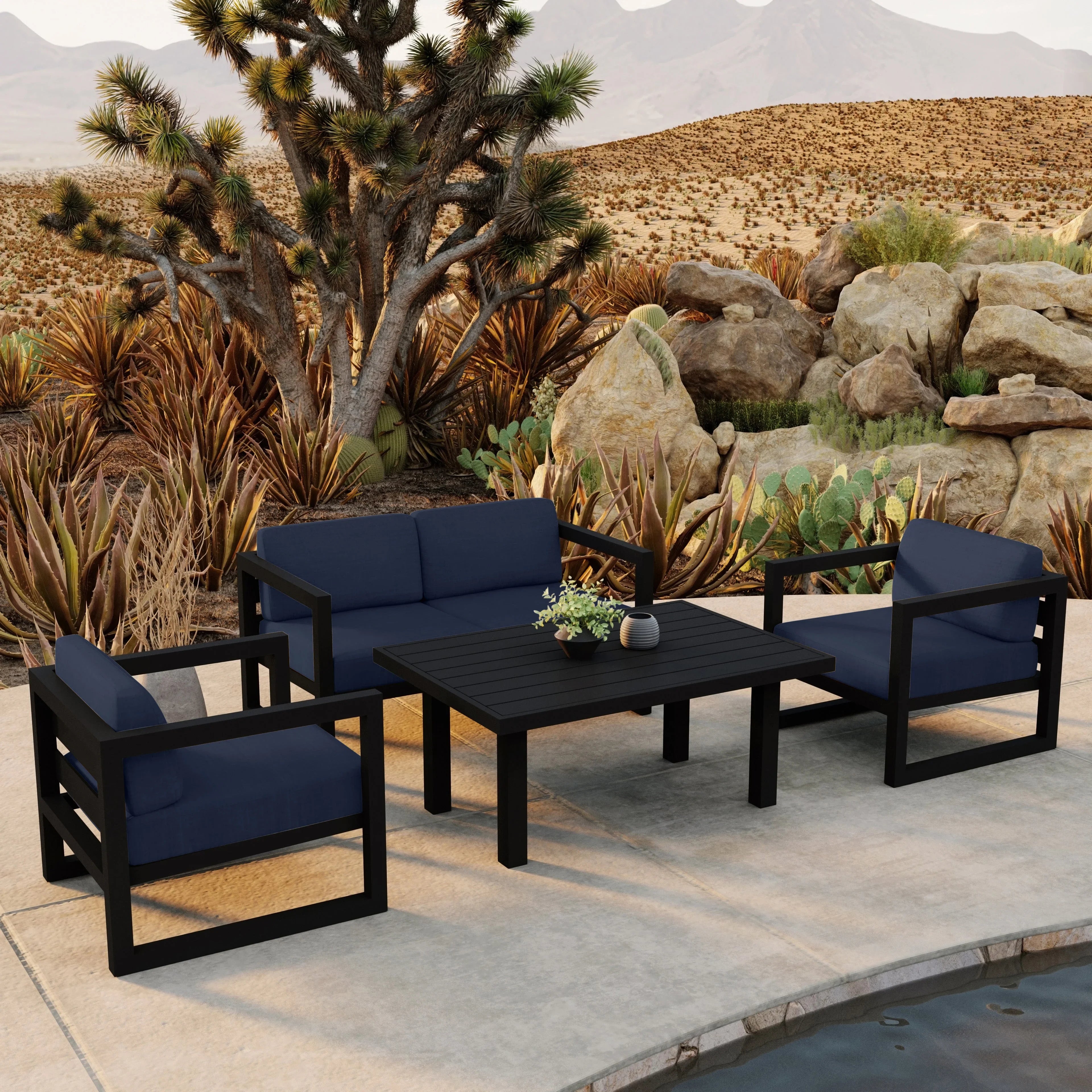 Avion Classic 4 Piece Aluminum Loveseat Set#Finish_Black#Fabric_Spectrum Indigo