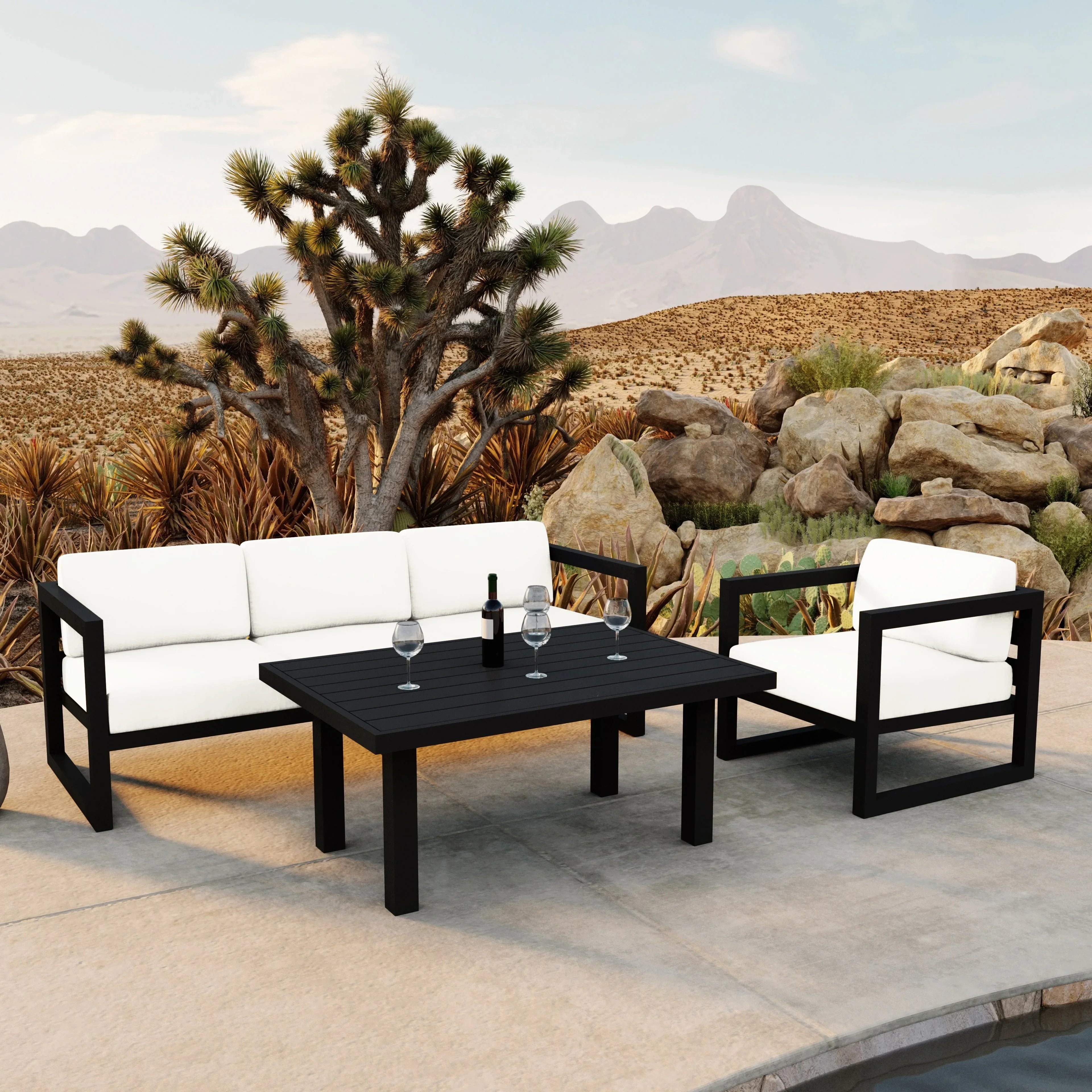 Avion Classic 3 Piece Aluminum Sofa Set#Finish_Black#Fabric_Canvas Natural