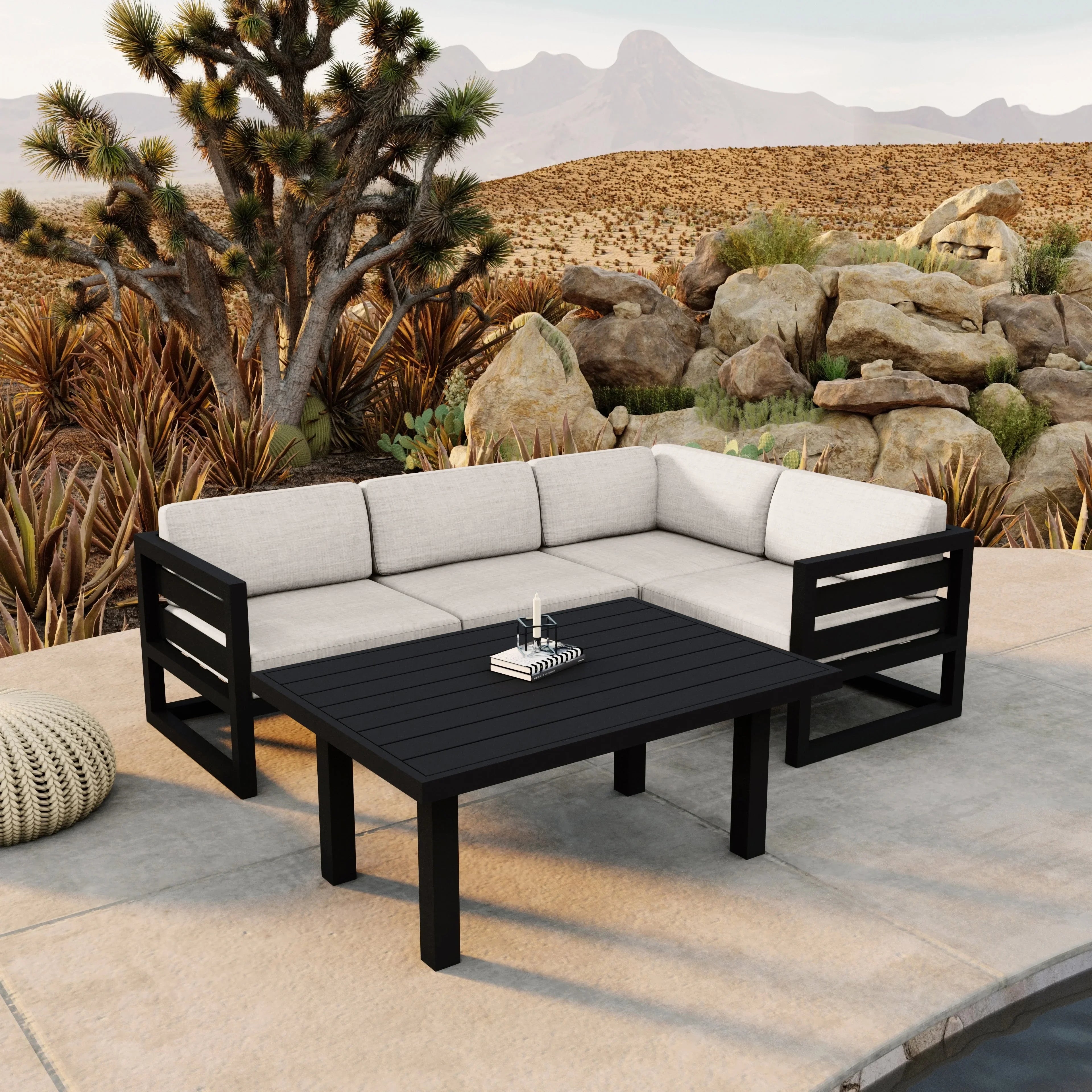Avion Classic 5 Piece Aluminum Sectional Set#Finish_Black#Fabric_Cast Silver