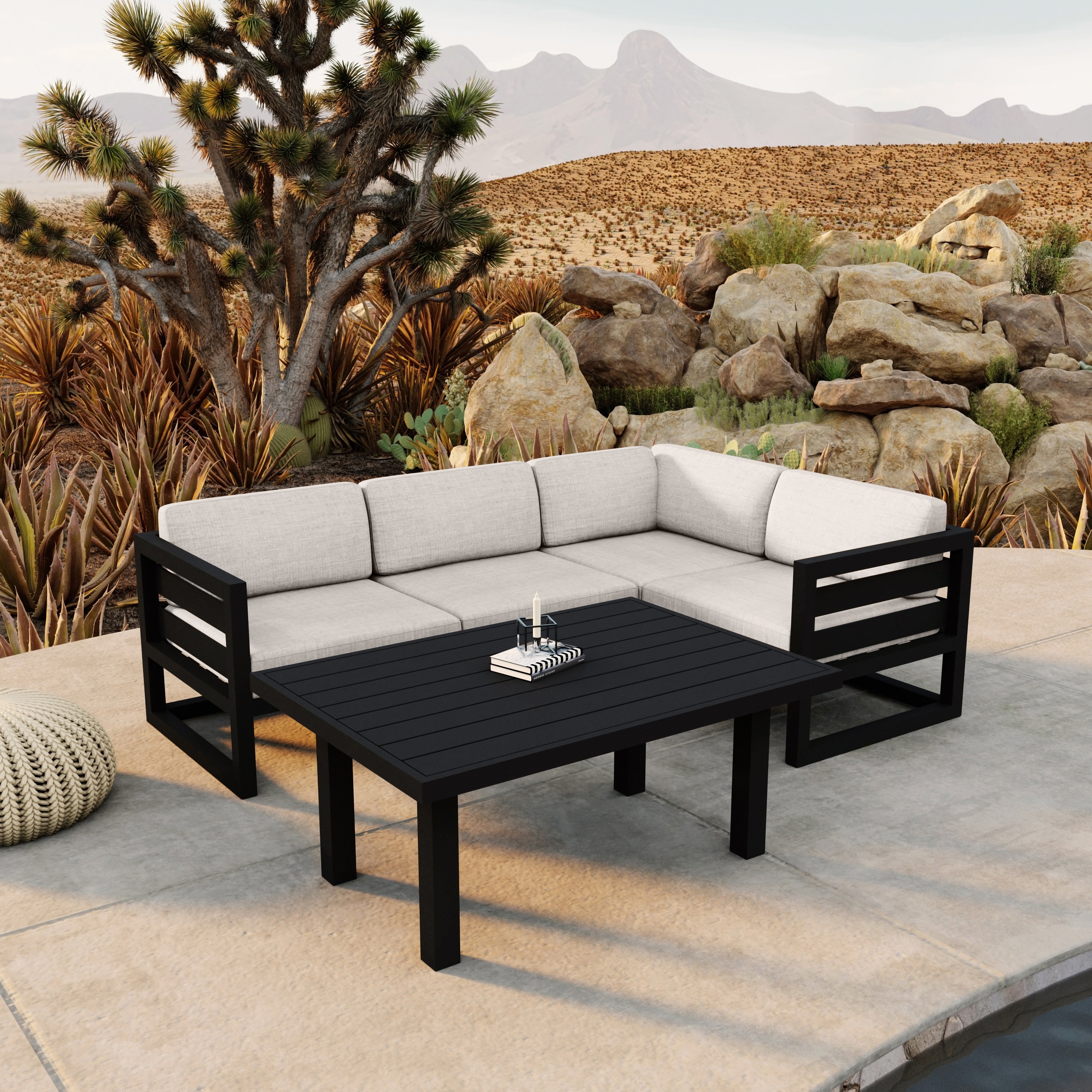 Avion Classic 5 Piece Aluminum Sectional Set#Finish_Black#Fabric_Cast Silver