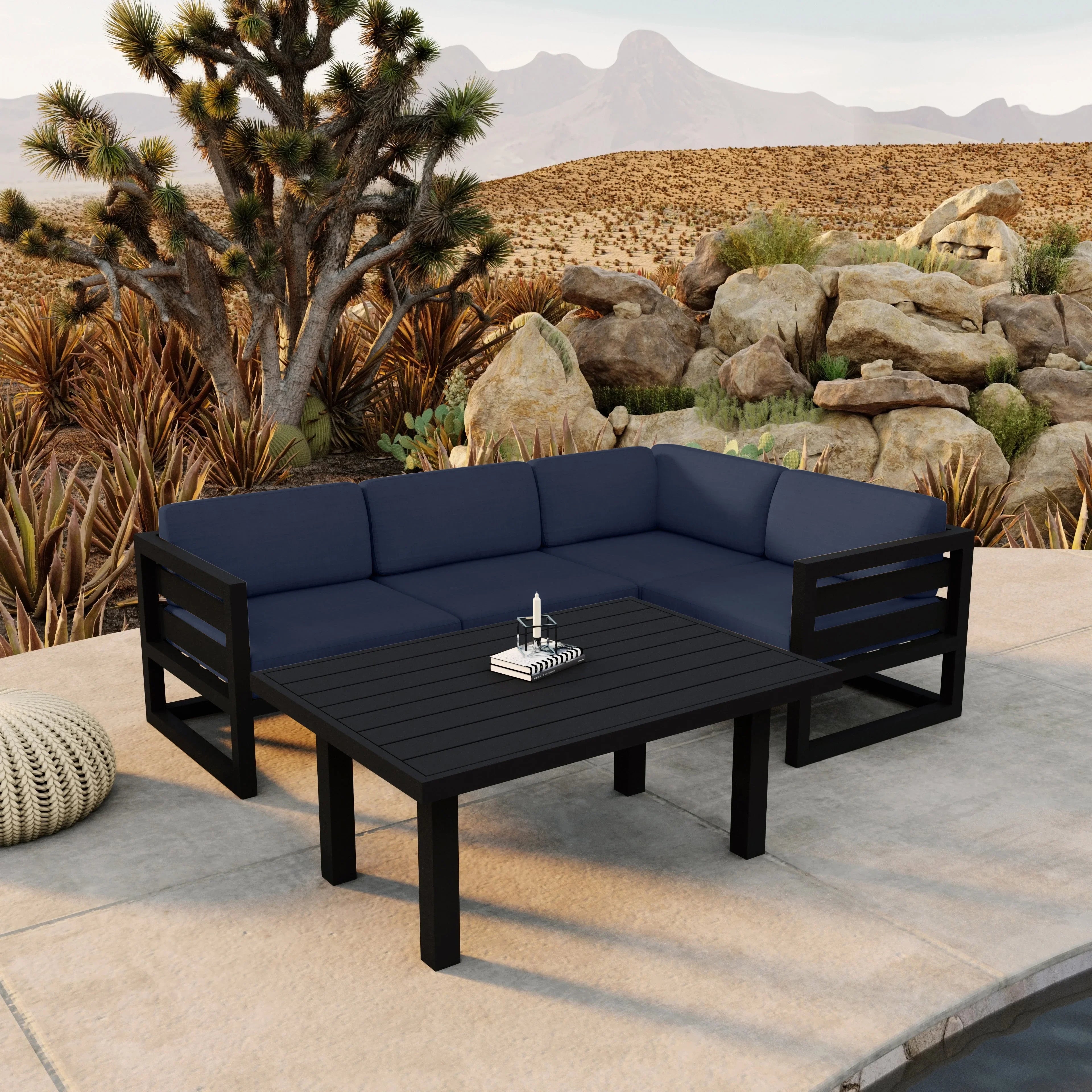 Avion Classic 5 Piece Aluminum Sectional Set#Finish_Black#Fabric_Spectrum Indigo