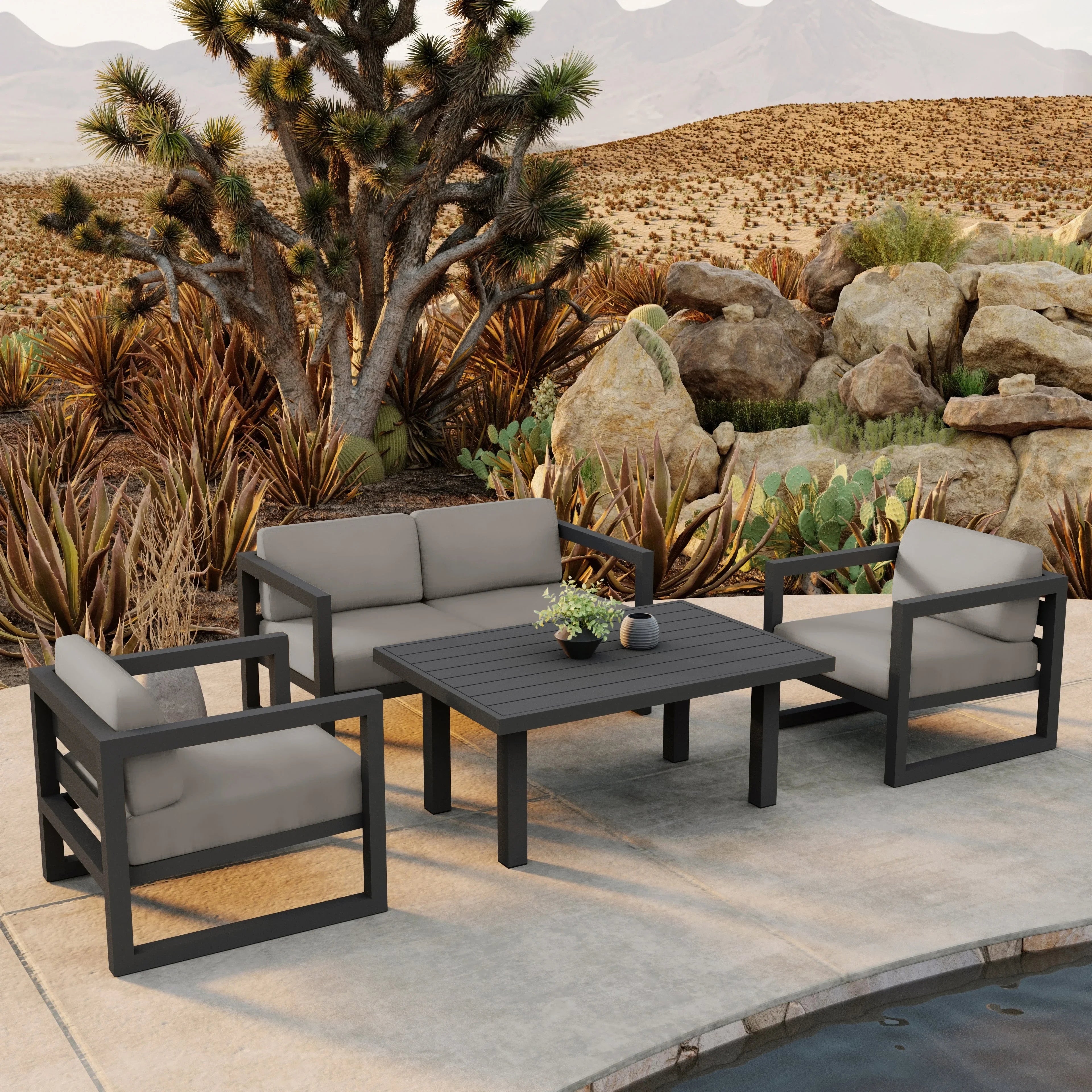 Avion Classic 4 Piece Aluminum Loveseat Set#Finish_Slate#Fabric_Canvas Charcoal