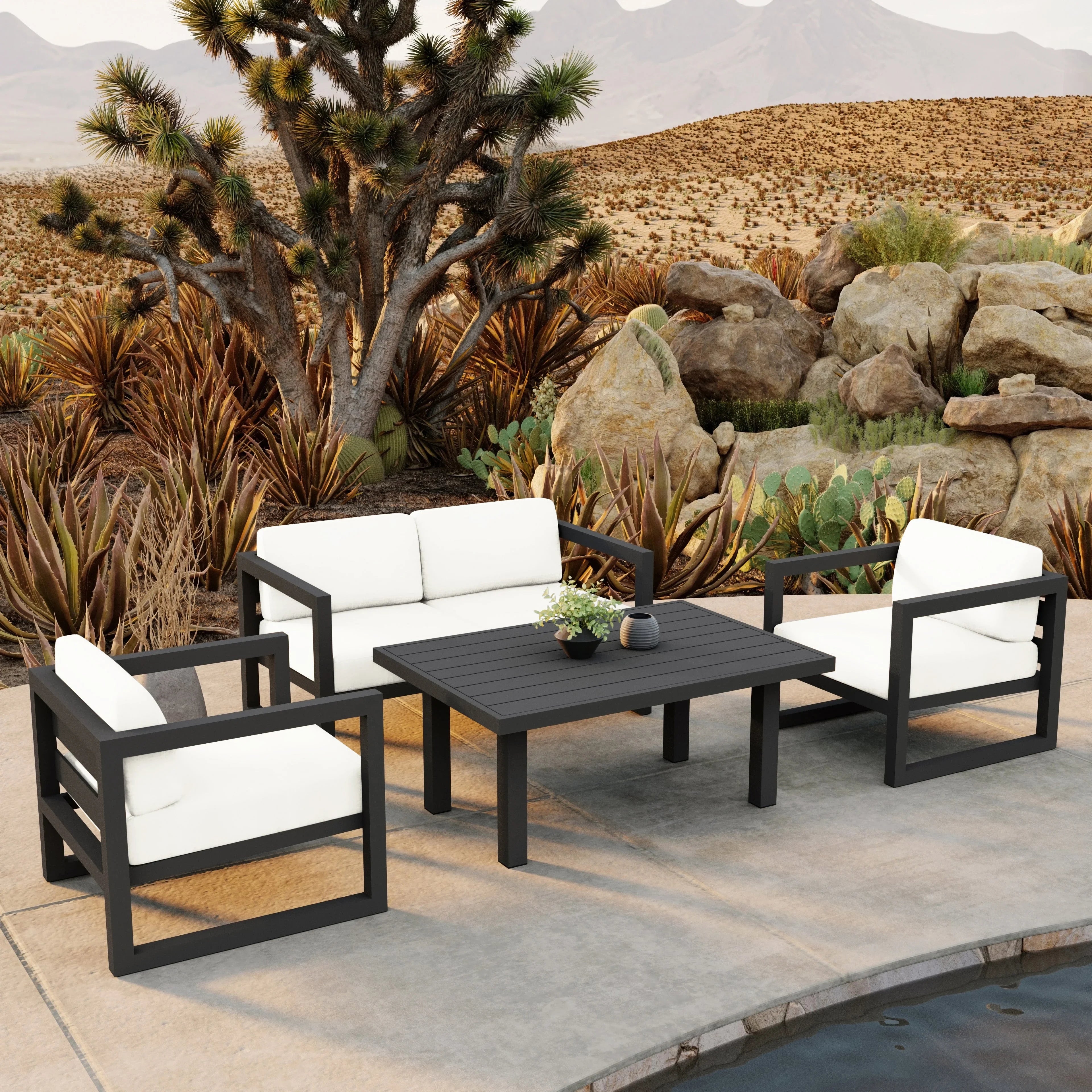 Avion Classic 4 Piece Aluminum Loveseat Set#Finish_Slate#Fabric_Canvas Natural