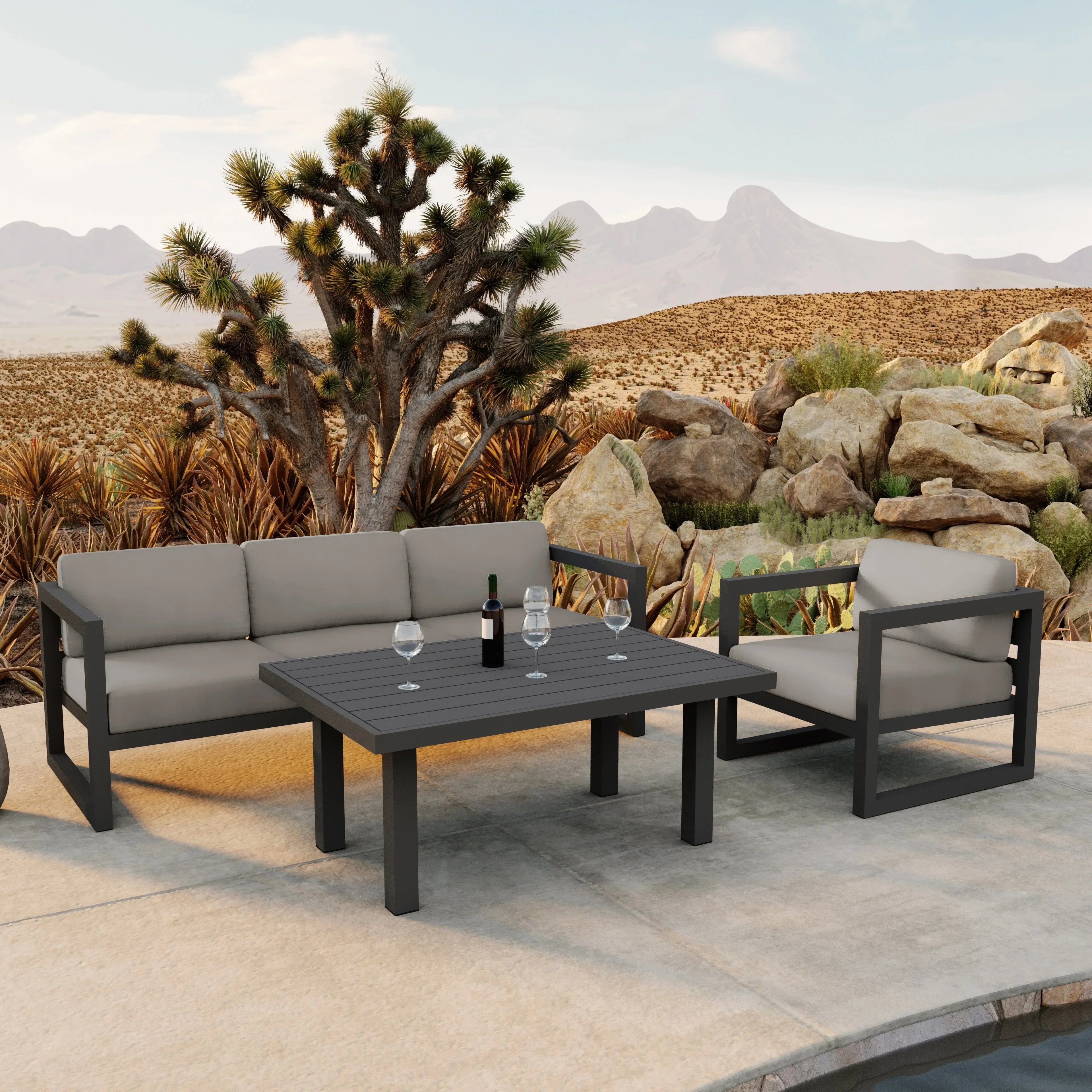 Avion Classic 3 Piece Aluminum Sofa Set#Finish_Slate#Fabric_Canvas Charcoal