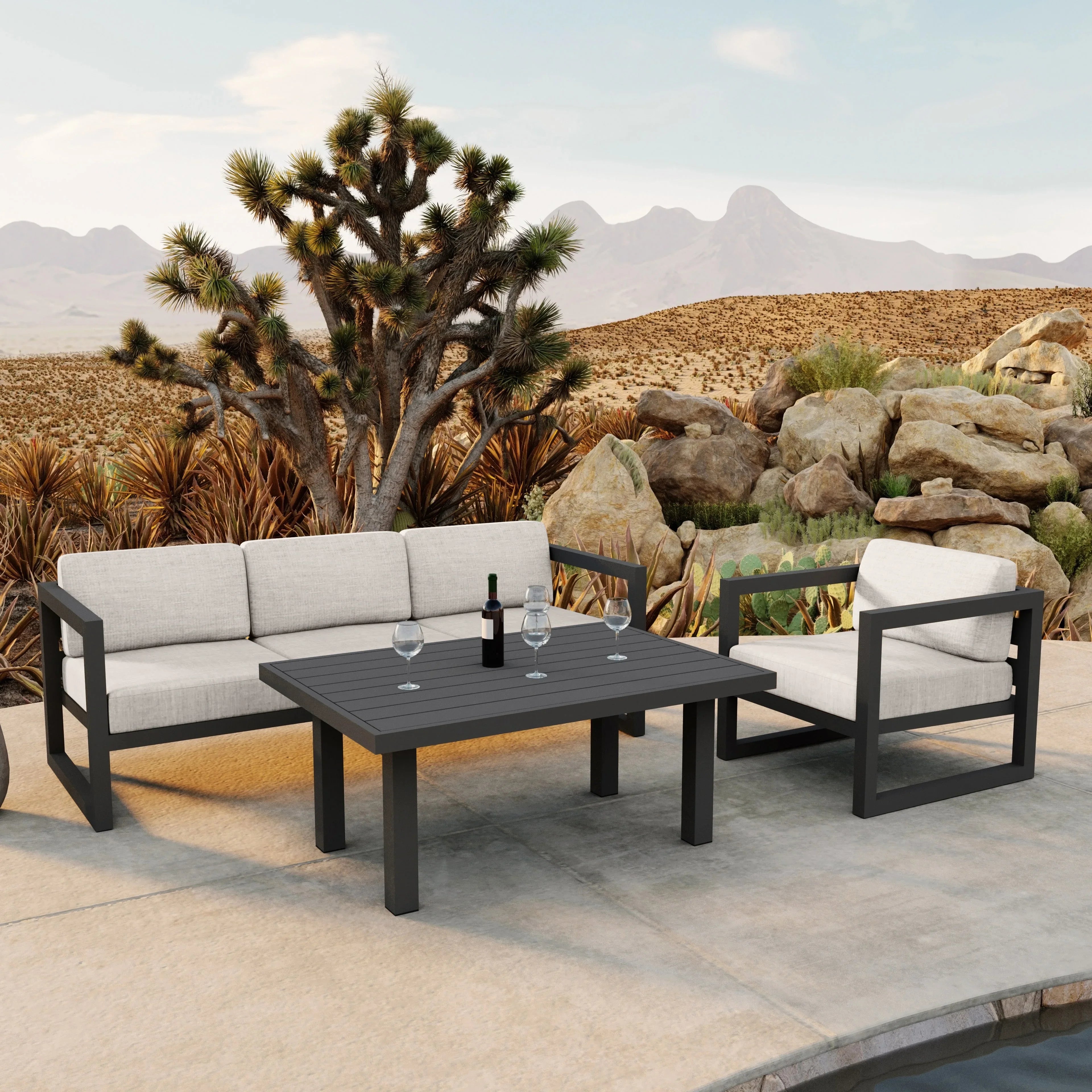 Avion Classic 3 Piece Aluminum Sofa Set#Finish_Slate#Fabric_Cast Silver