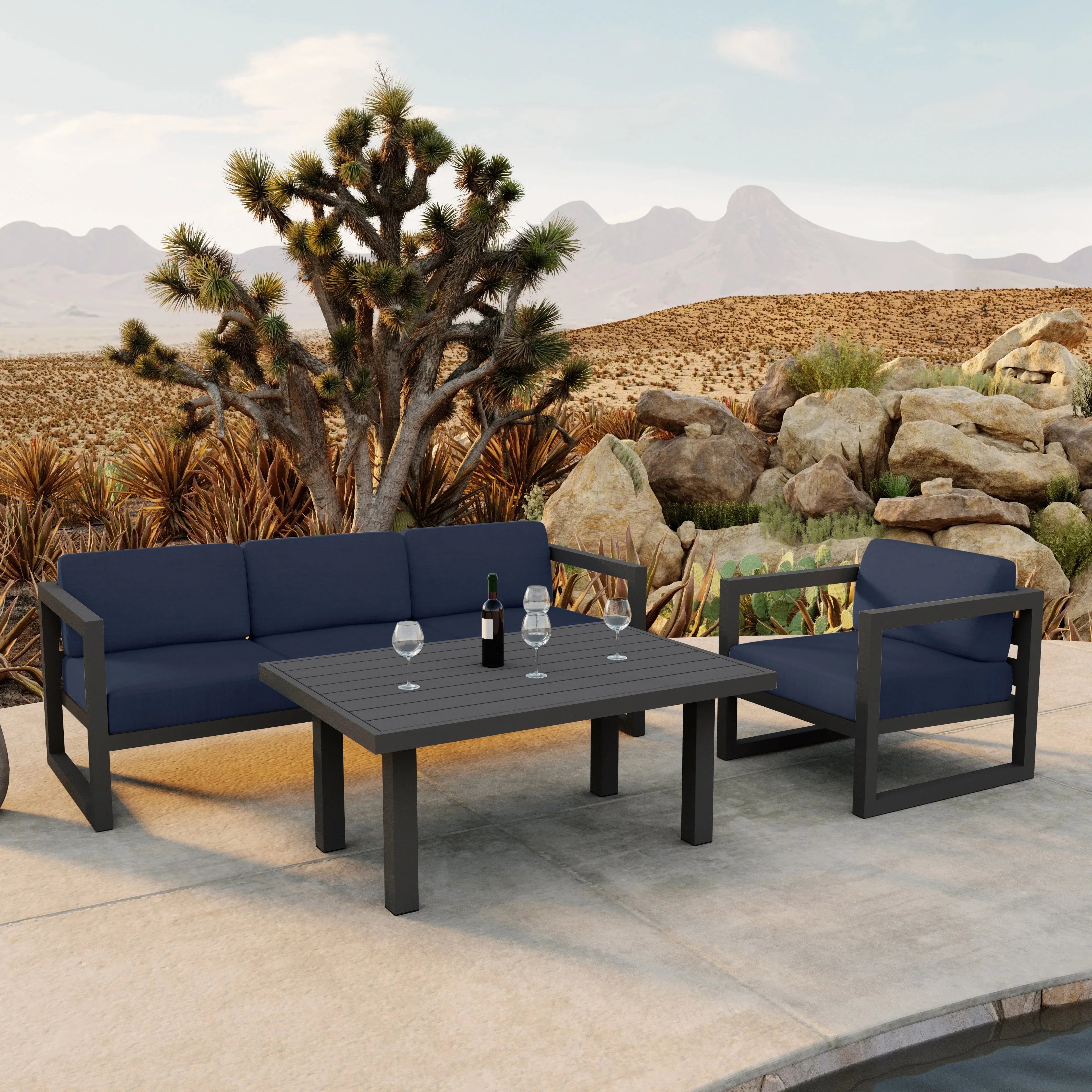 Avion Classic 3 Piece Aluminum Sofa Set#Finish_Slate#Fabric_Spectrum Indigo