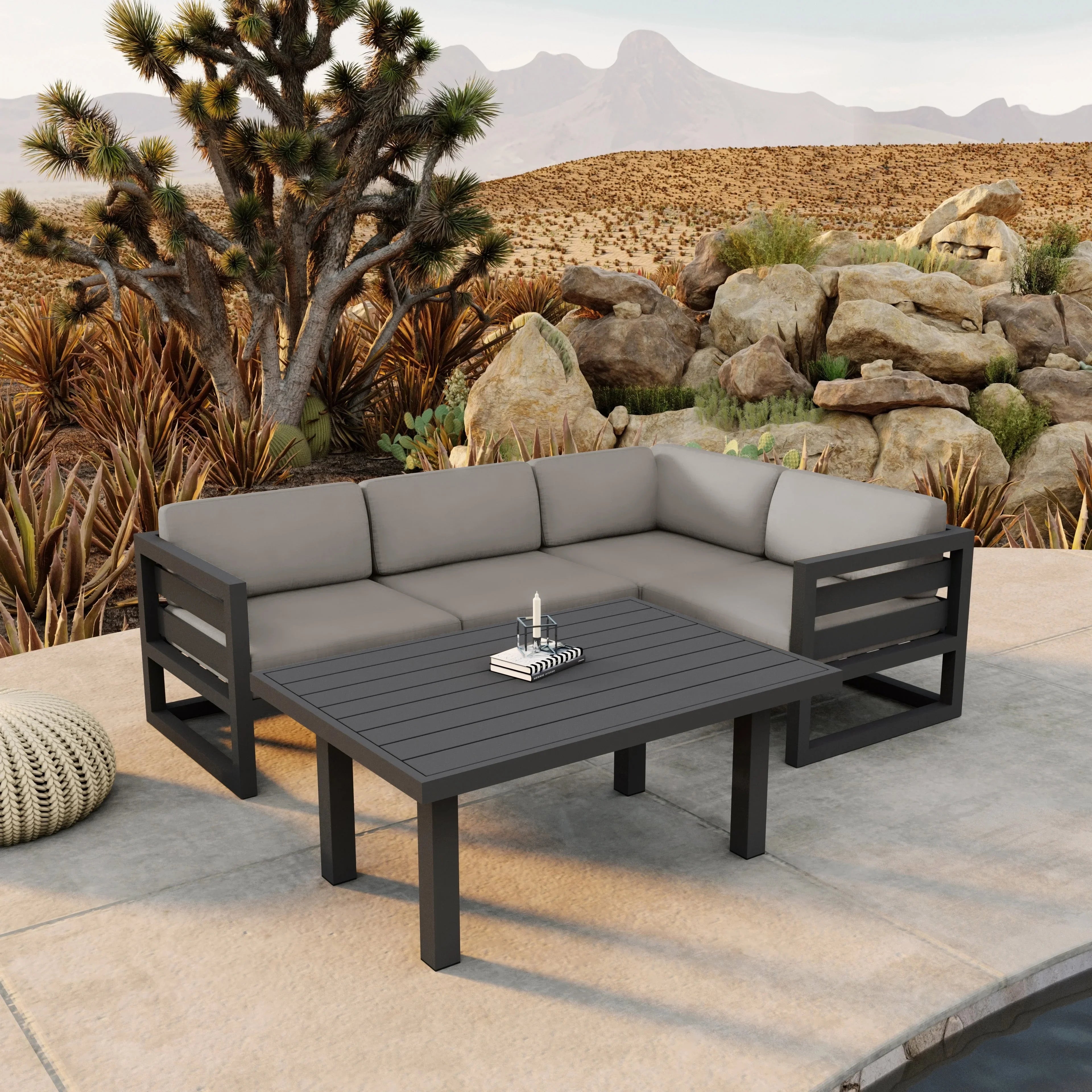 Avion Classic 5 Piece Aluminum Sectional Set#Finish_Slate#Fabric_Canvas Charcoal