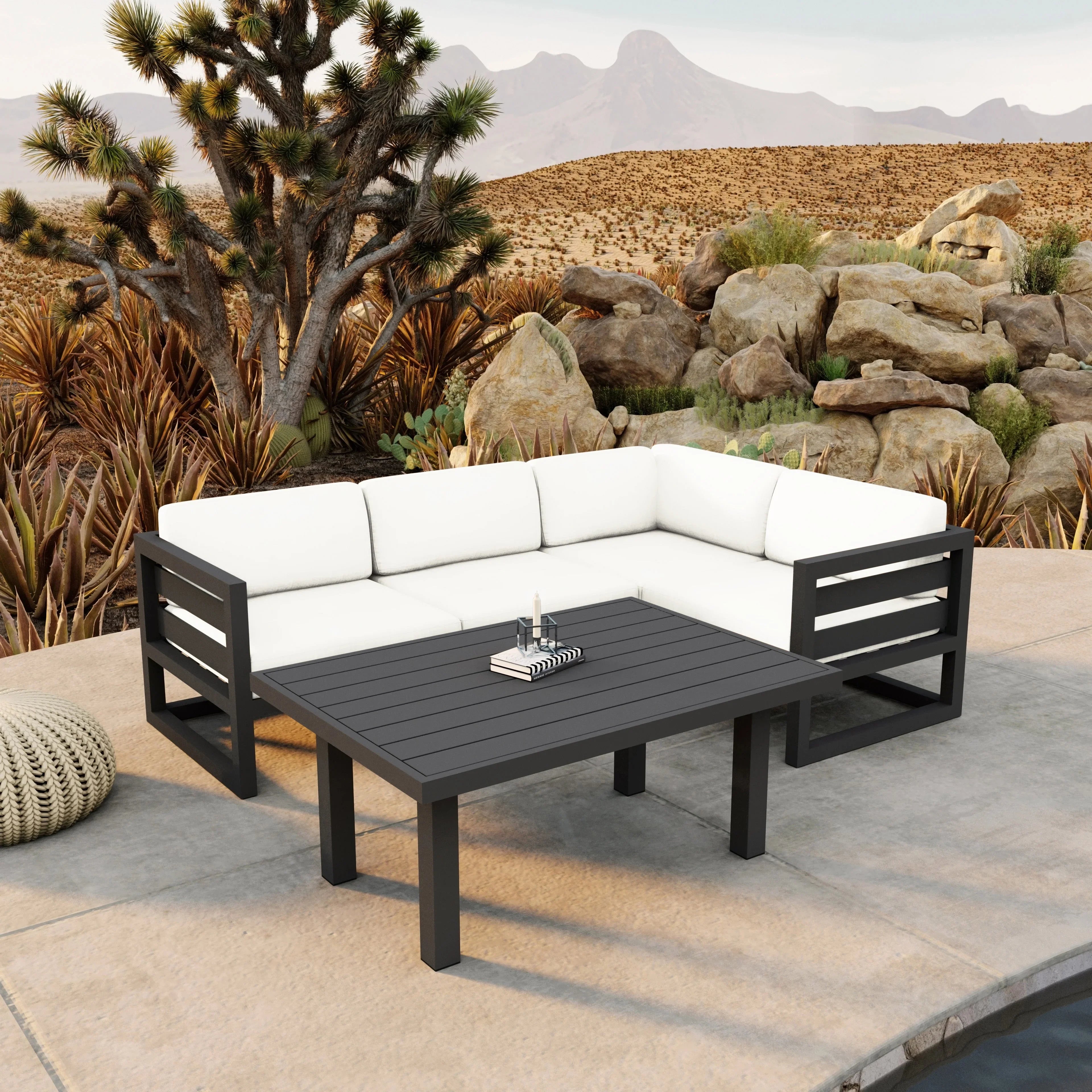 Avion Classic 5 Piece Aluminum Sectional Set#Finish_Slate#Fabric_Canvas Natural