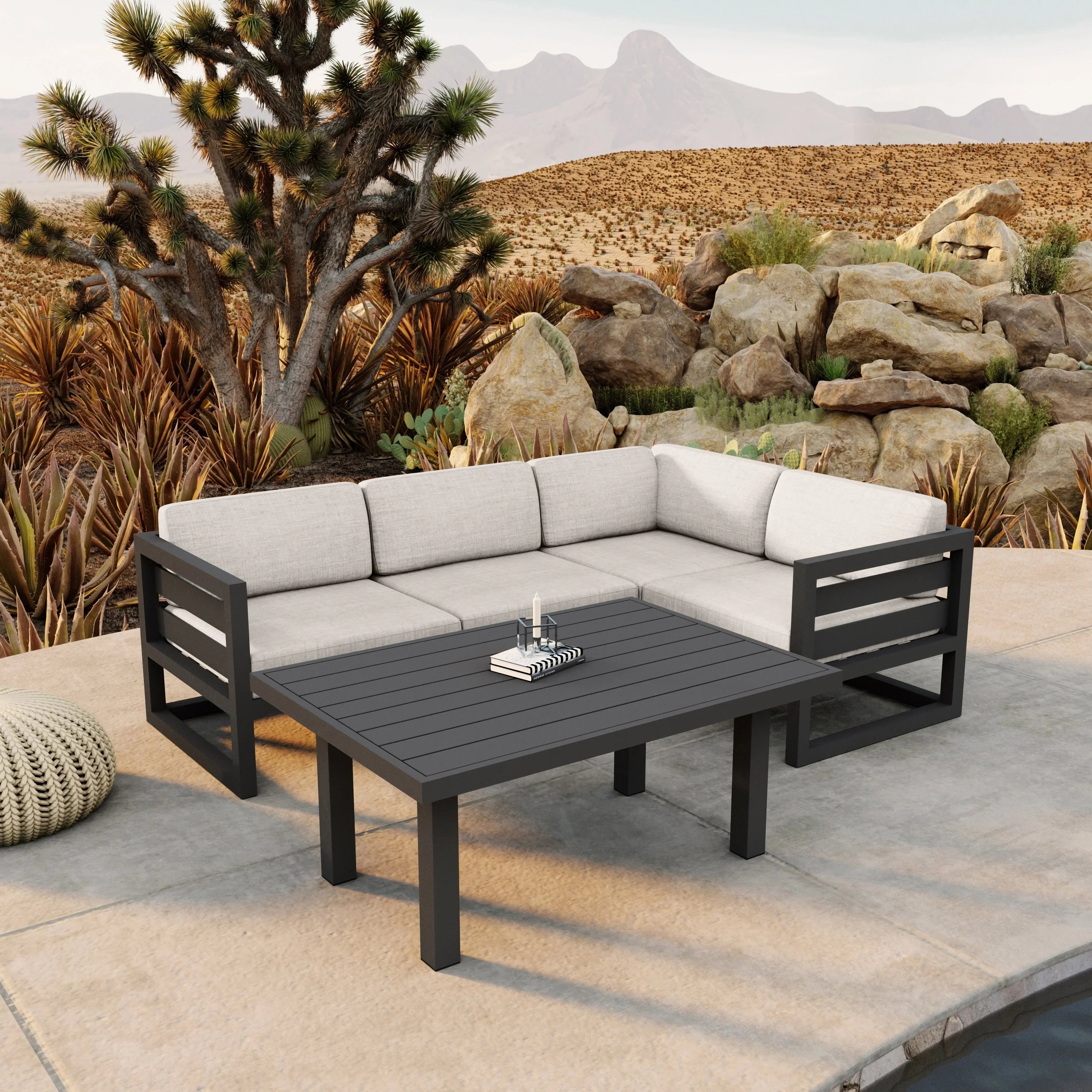 Avion Classic 5 Piece Aluminum Sectional Set#Finish_Slate#Fabric_Cast Silver