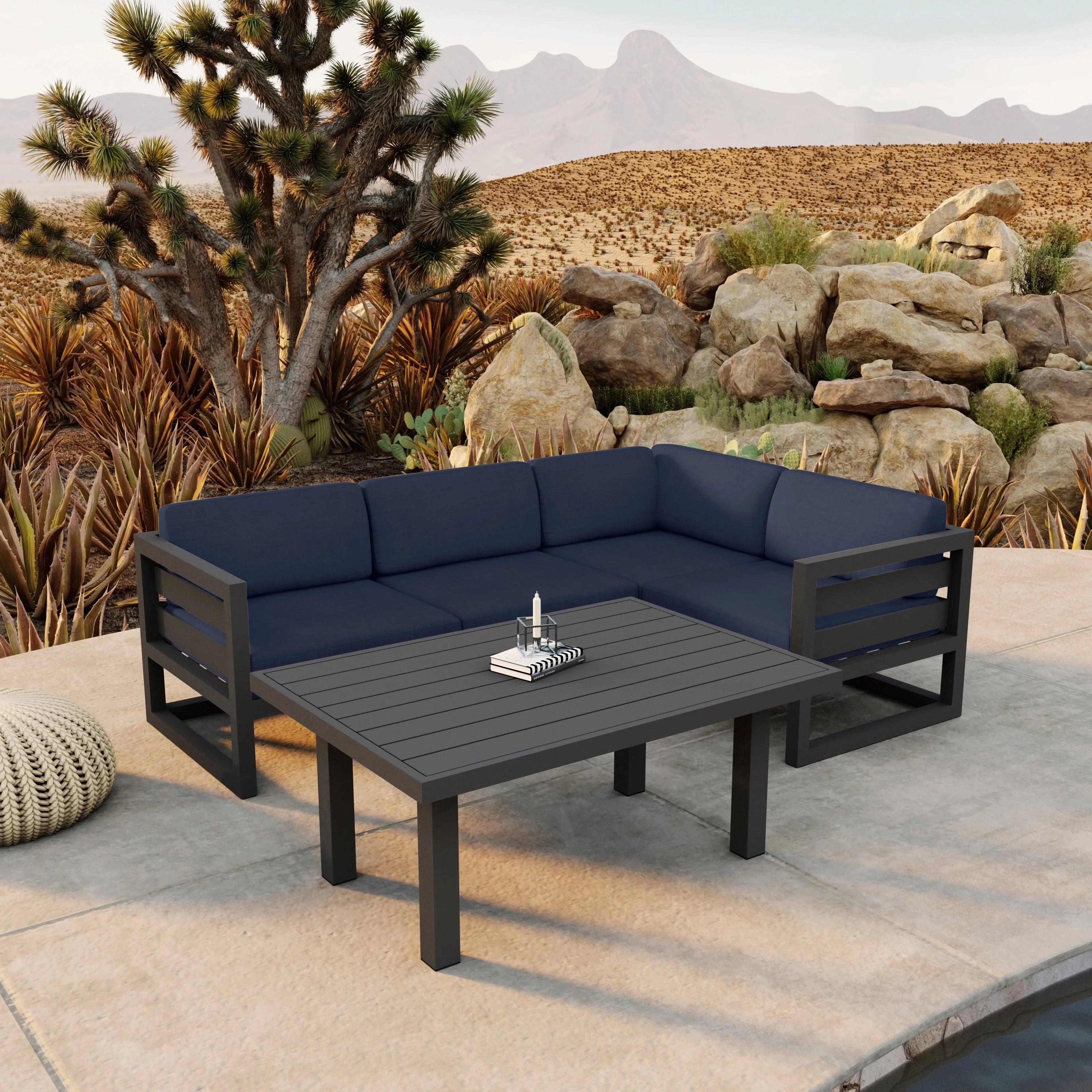 Avion Classic 5 Piece Aluminum Sectional Set#Finish_Slate#Fabric_Spectrum Indigo