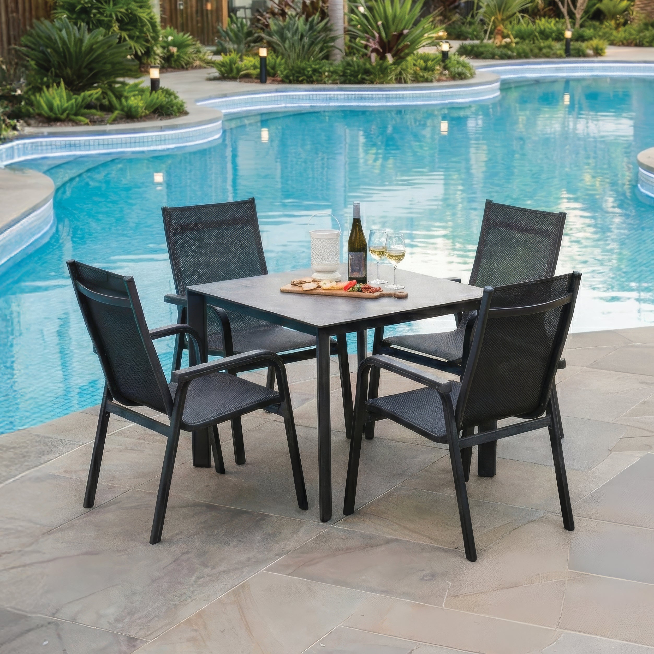 Basic Plus 5-Piece Dining Set- Stack Chairs & Table w/ Umbrella Hole