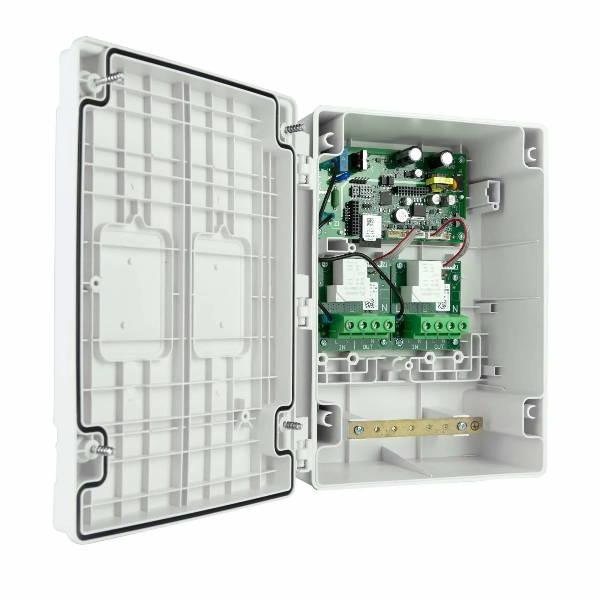 Open case view of Bromic’s Affinity Smart-Heat controller showing dual-channel relay components and internal wiring, emphasizing the system’s precision engineering.
