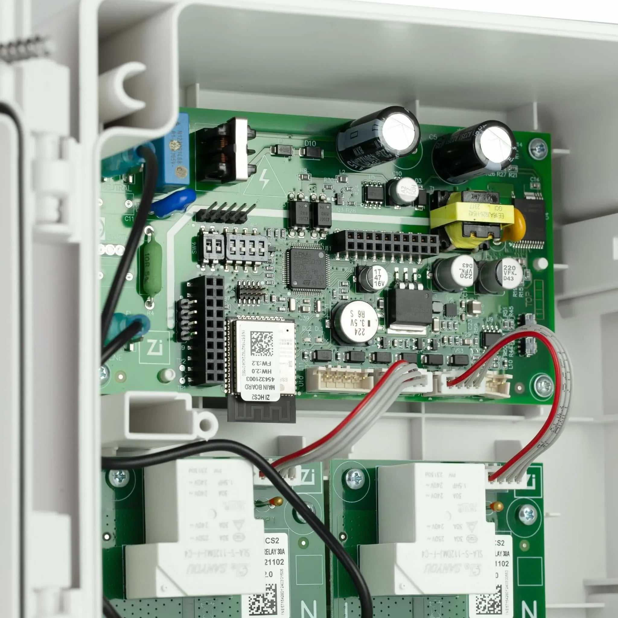 Close-up of the Bromic Heating Smart-Heat control circuit board, showing relays and electronic components that deliver dependable power management for multiple heaters.