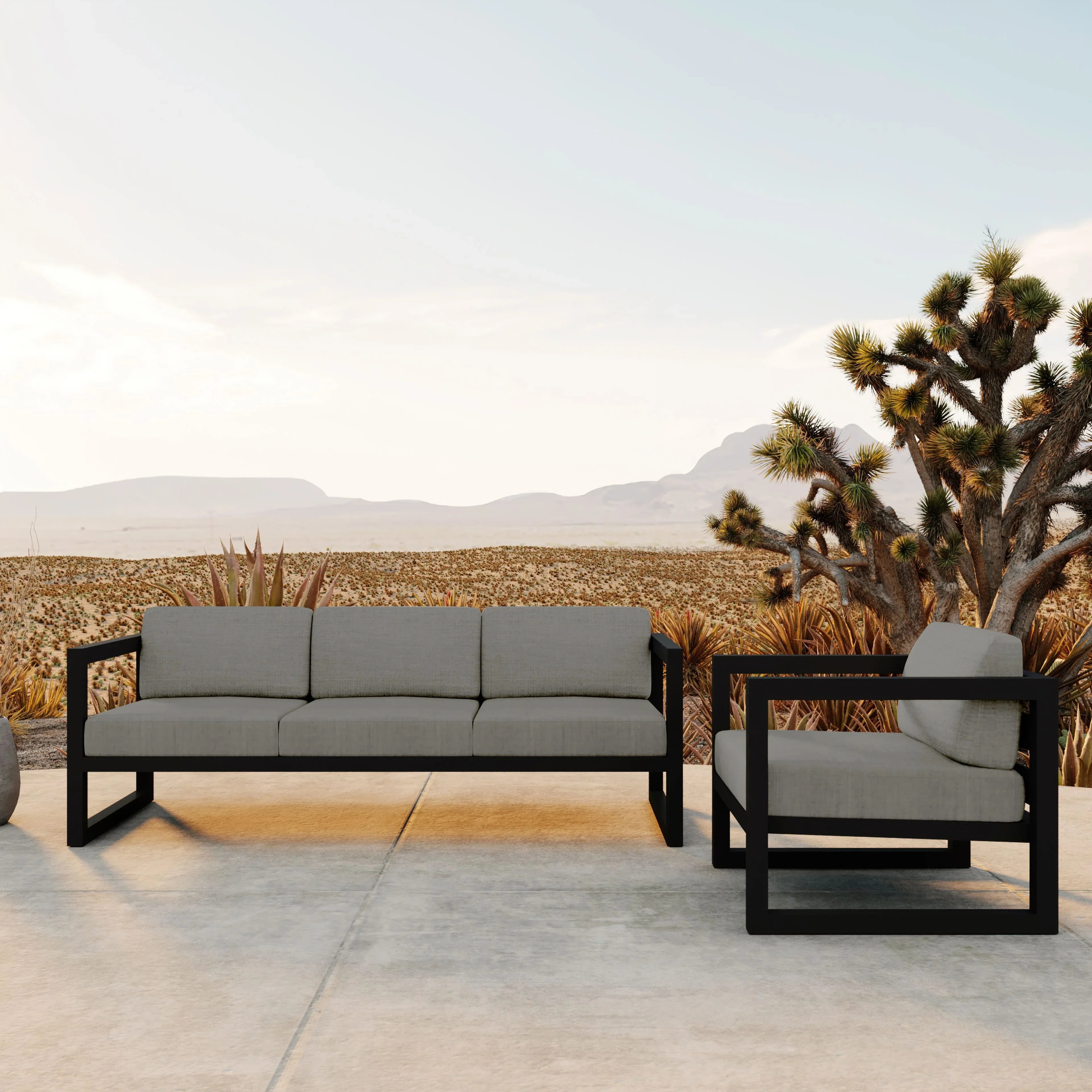 Avion 2 Piece Aluminum Sofa Set#Finish_Black#Fabric_Canvas Charcoal