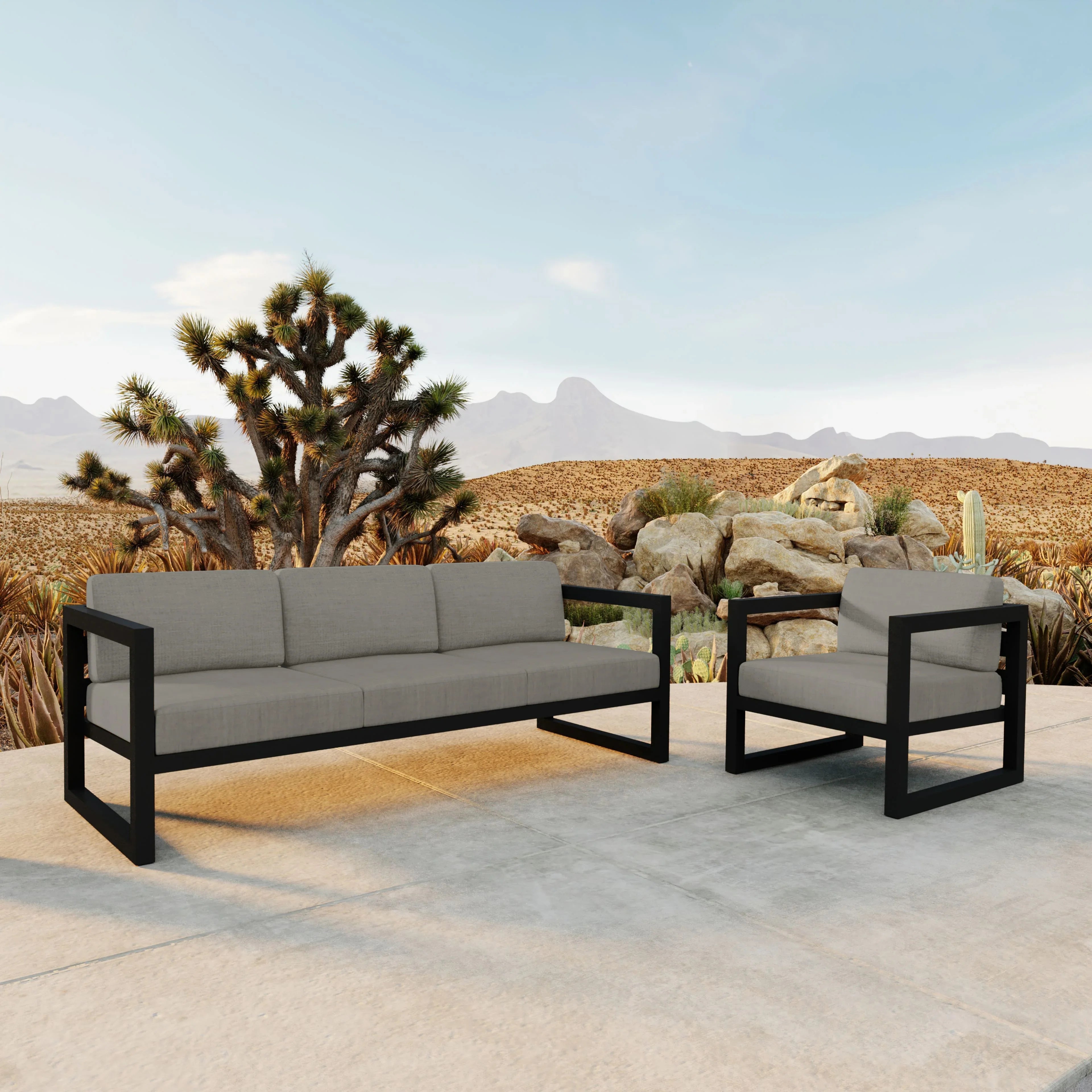Avion 2 Piece Aluminum Sofa Set#Finish_Black#Fabric_Canvas Charcoal