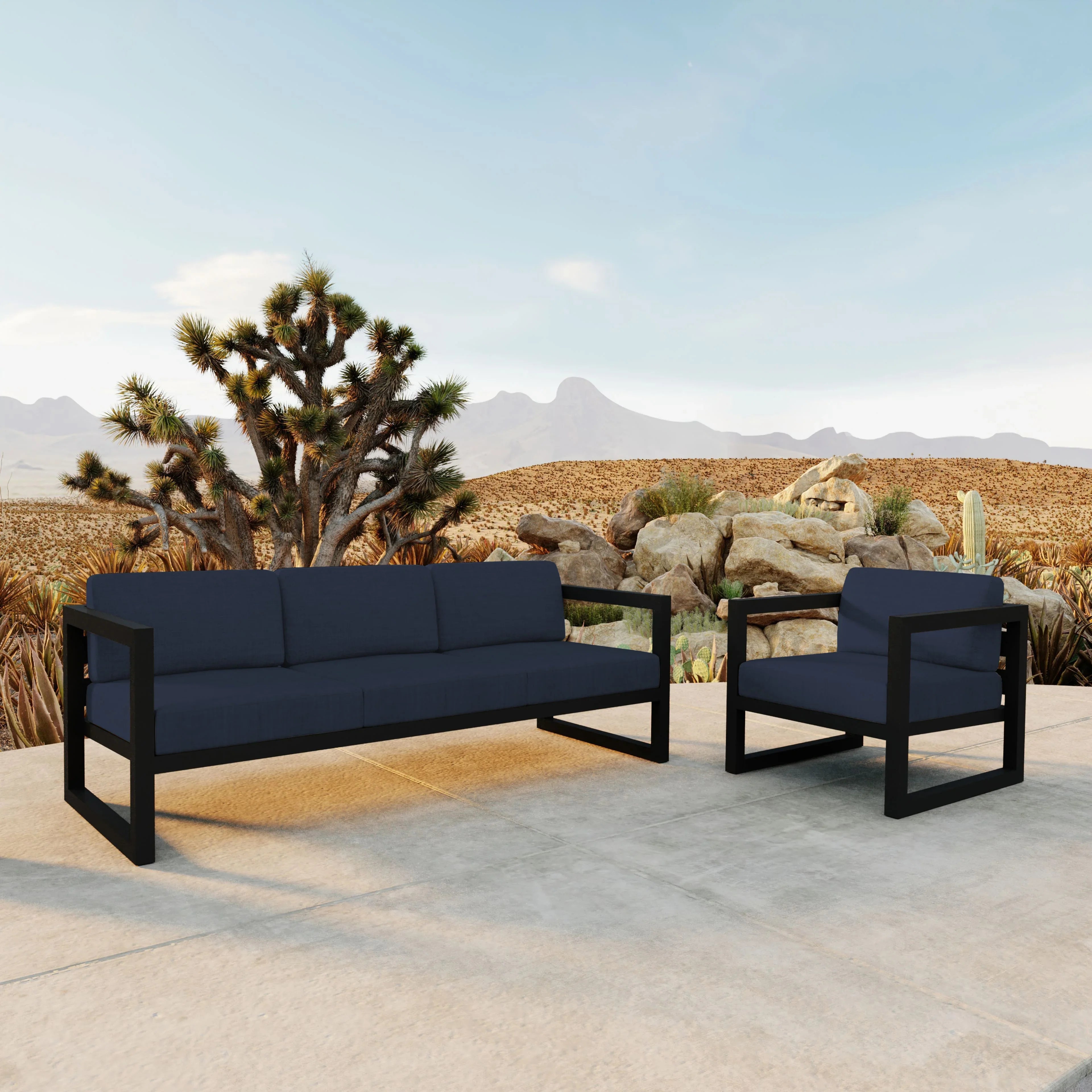 Avion 2 Piece Aluminum Sofa Set#Finish_Black#Fabric_Spectrum Indigo