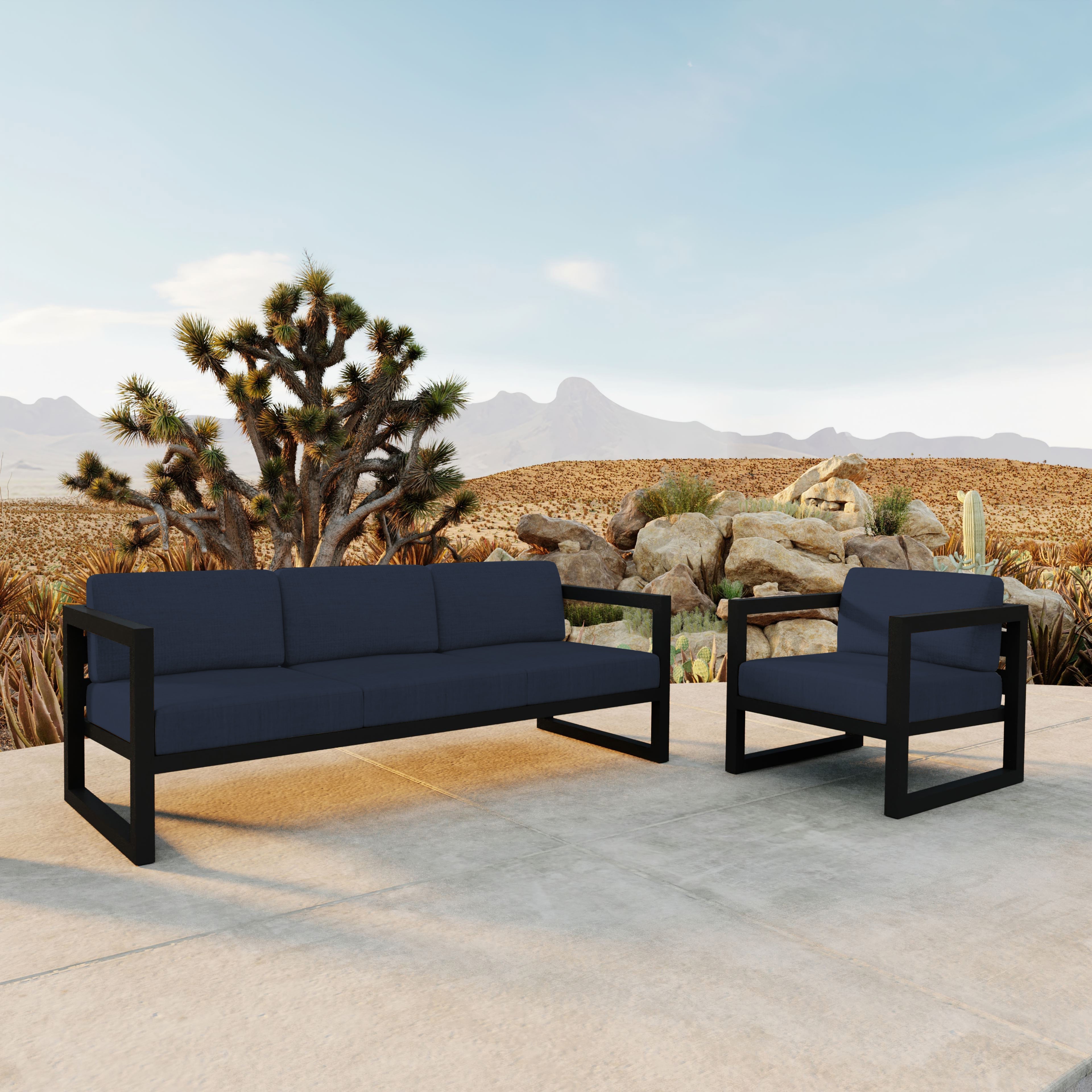 Avion 2 Piece Aluminum Sofa Set#Finish_Black#Fabric_Spectrum Indigo