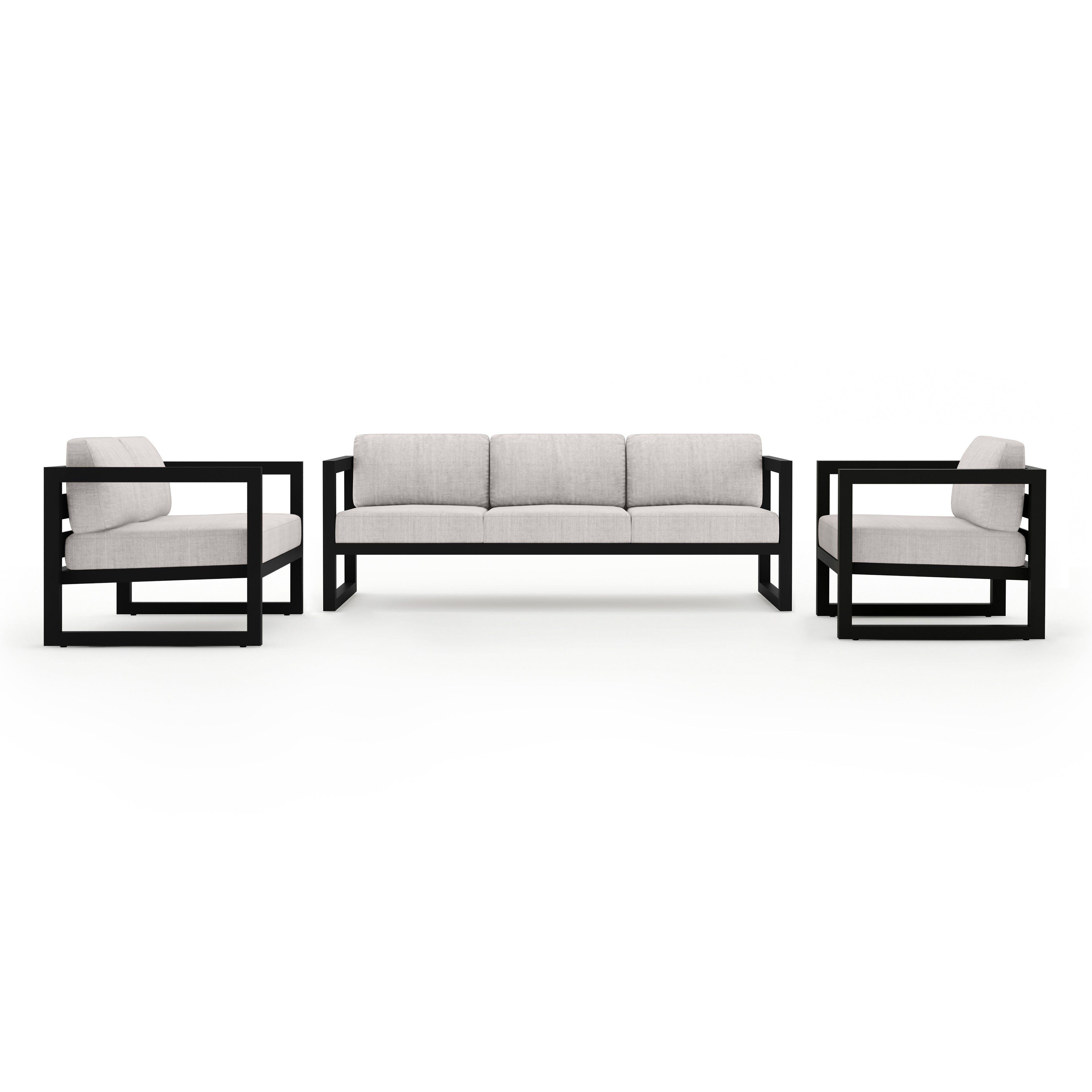 Avion 3 Piece Aluminum Sofa Loveseat Set#Finish_Black#Fabric_Cast Silver