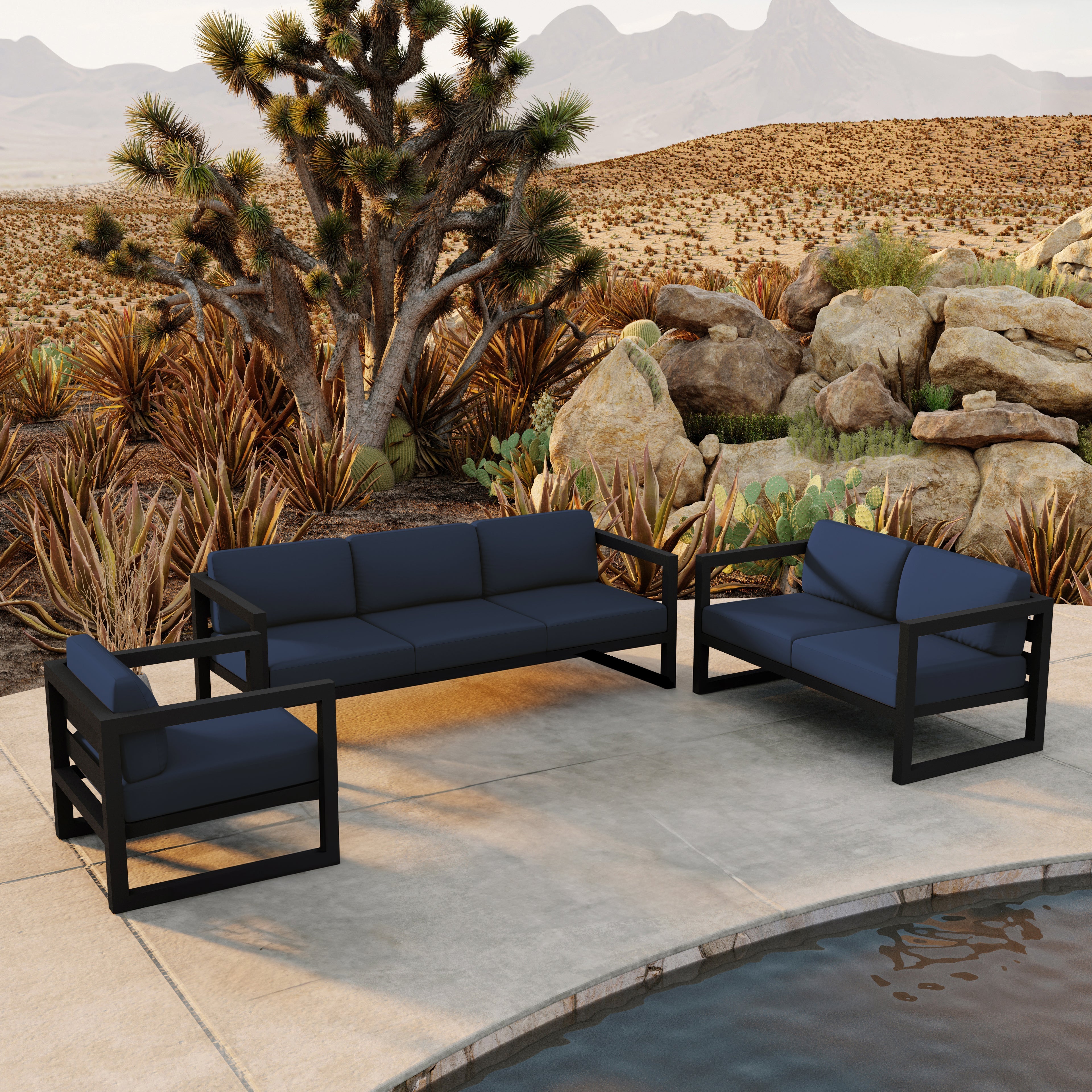 Avion 3 Piece Aluminum Sofa Loveseat Set#Finish_Black#Fabric_Spectrum Indigo