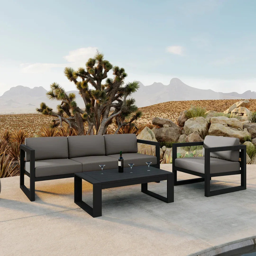 Avion 3 Piece Aluminum Sofa Set#Finish_Black#Fabric_Canvas Charcoal