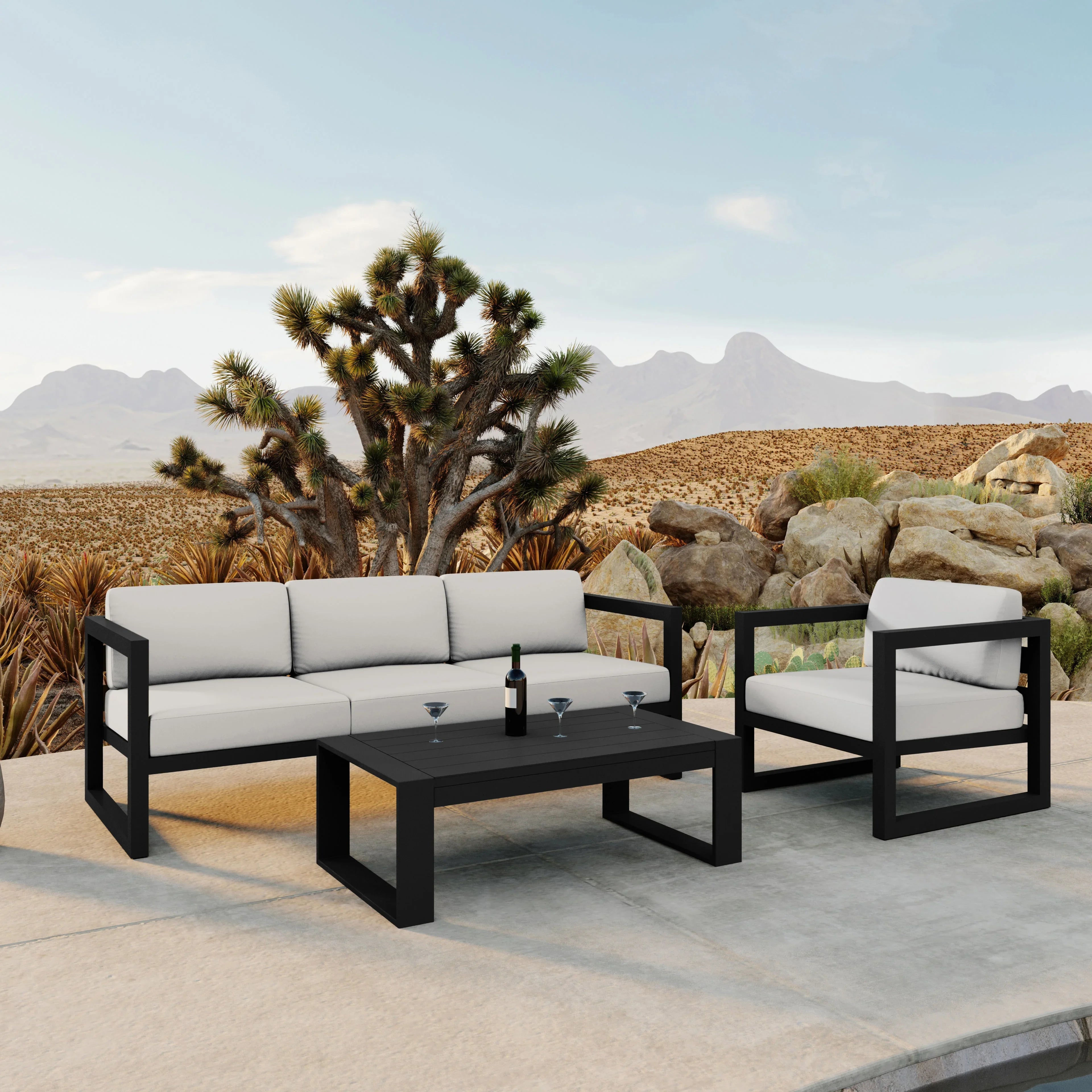 Avion 3 Piece Aluminum Sofa Set#Finish_Black#Fabric_Canvas Natural