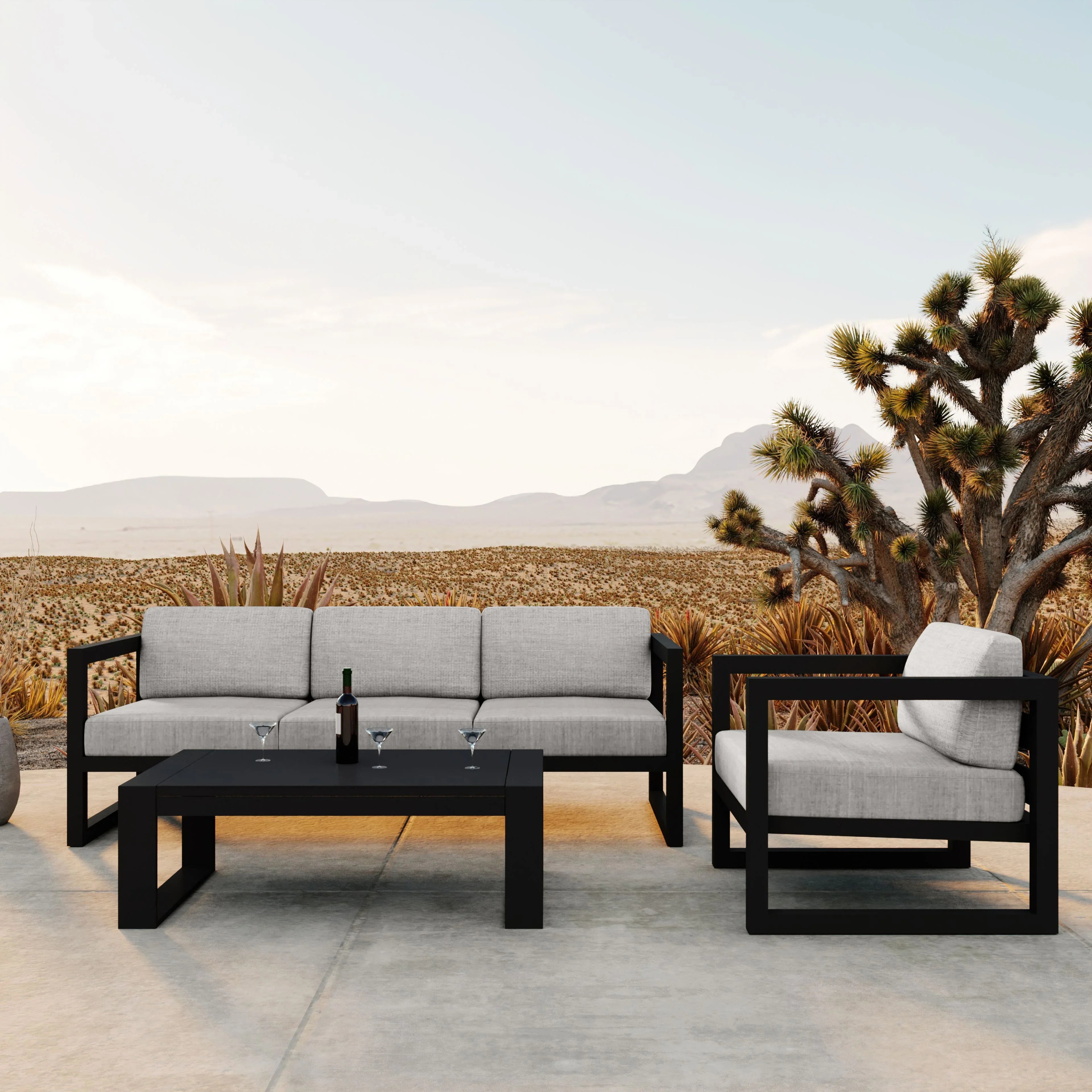 Avion 3 Piece Aluminum Sofa Set#Finish_Black#Fabric_Cast Silver