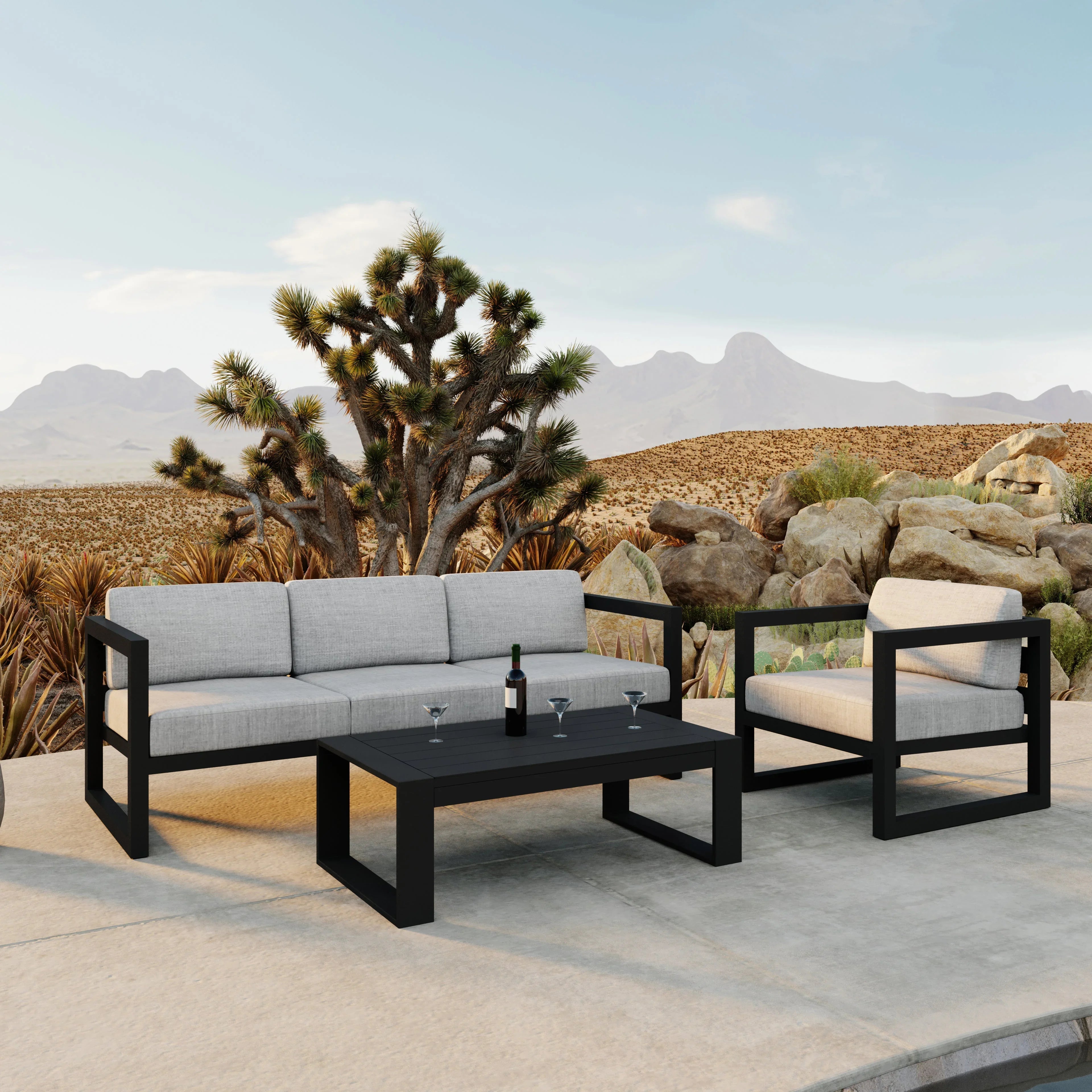 Avion 3 Piece Aluminum Sofa Set#Finish_Black#Fabric_Cast Silver