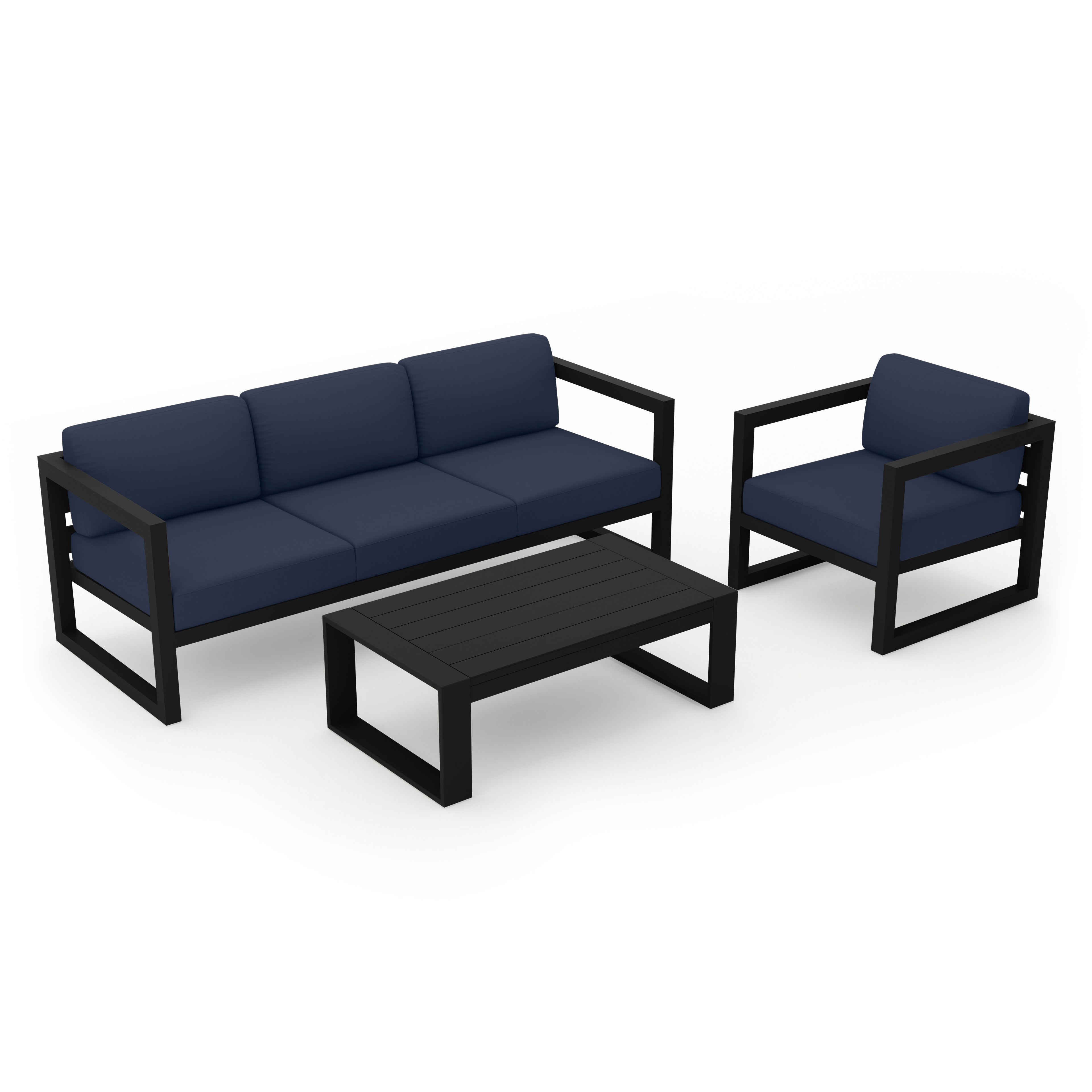 Avion 3 Piece Aluminum Sofa Set#Finish_Black#Fabric_Spectrum Indigo