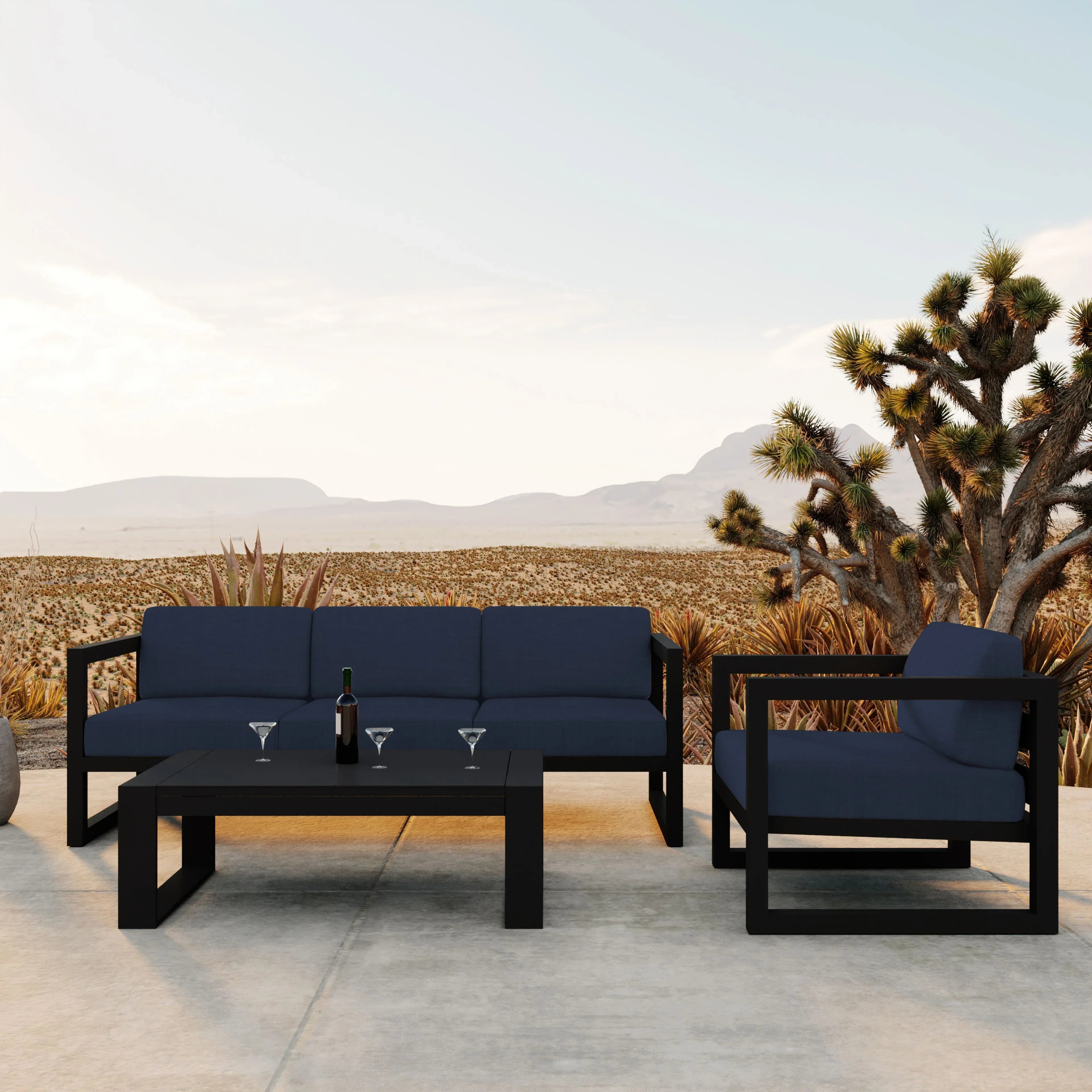 Avion 3 Piece Aluminum Sofa Set#Finish_Black#Fabric_Spectrum Indigo