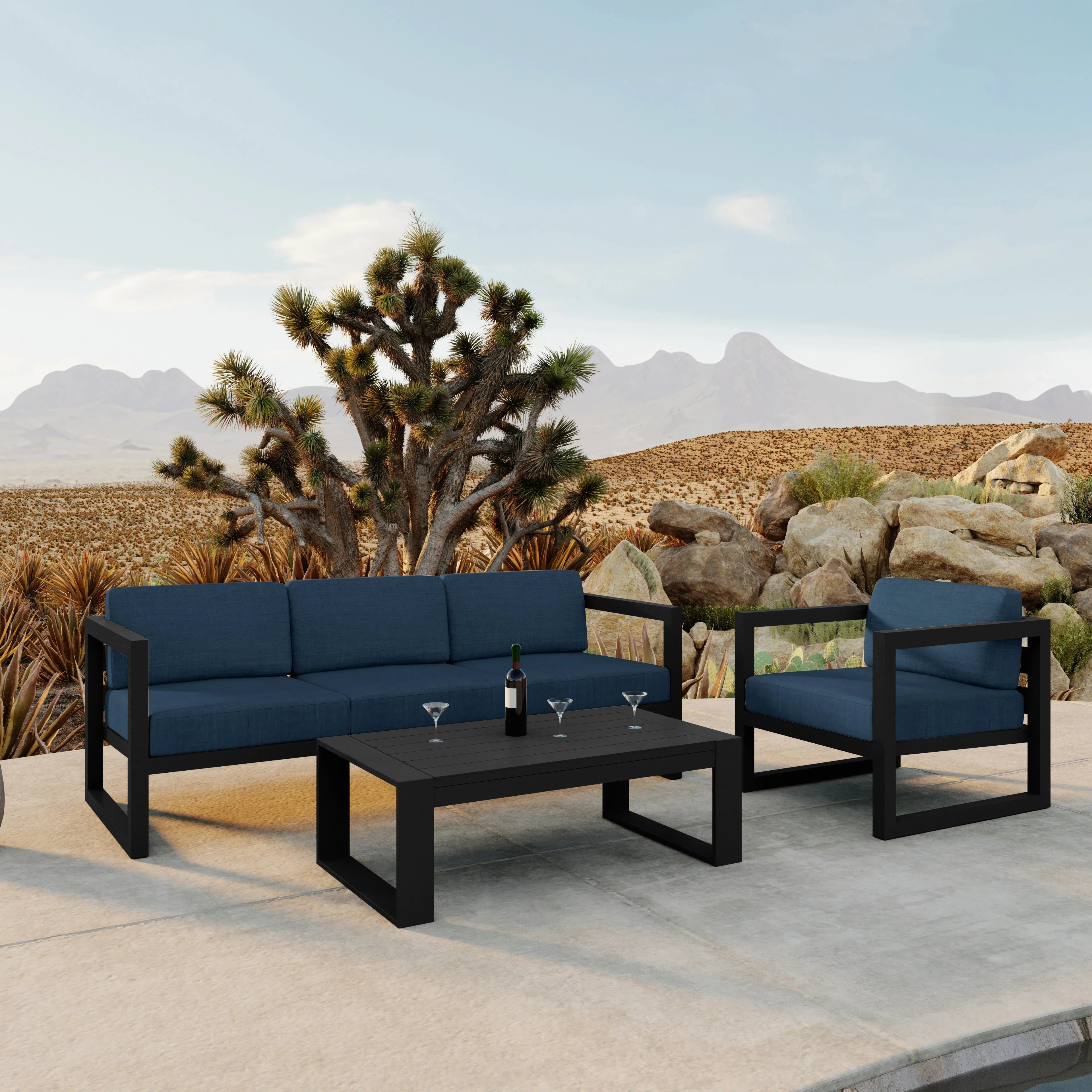 Avion 3 Piece Aluminum Sofa Set#Finish_Black#Fabric_Spectrum Indigo