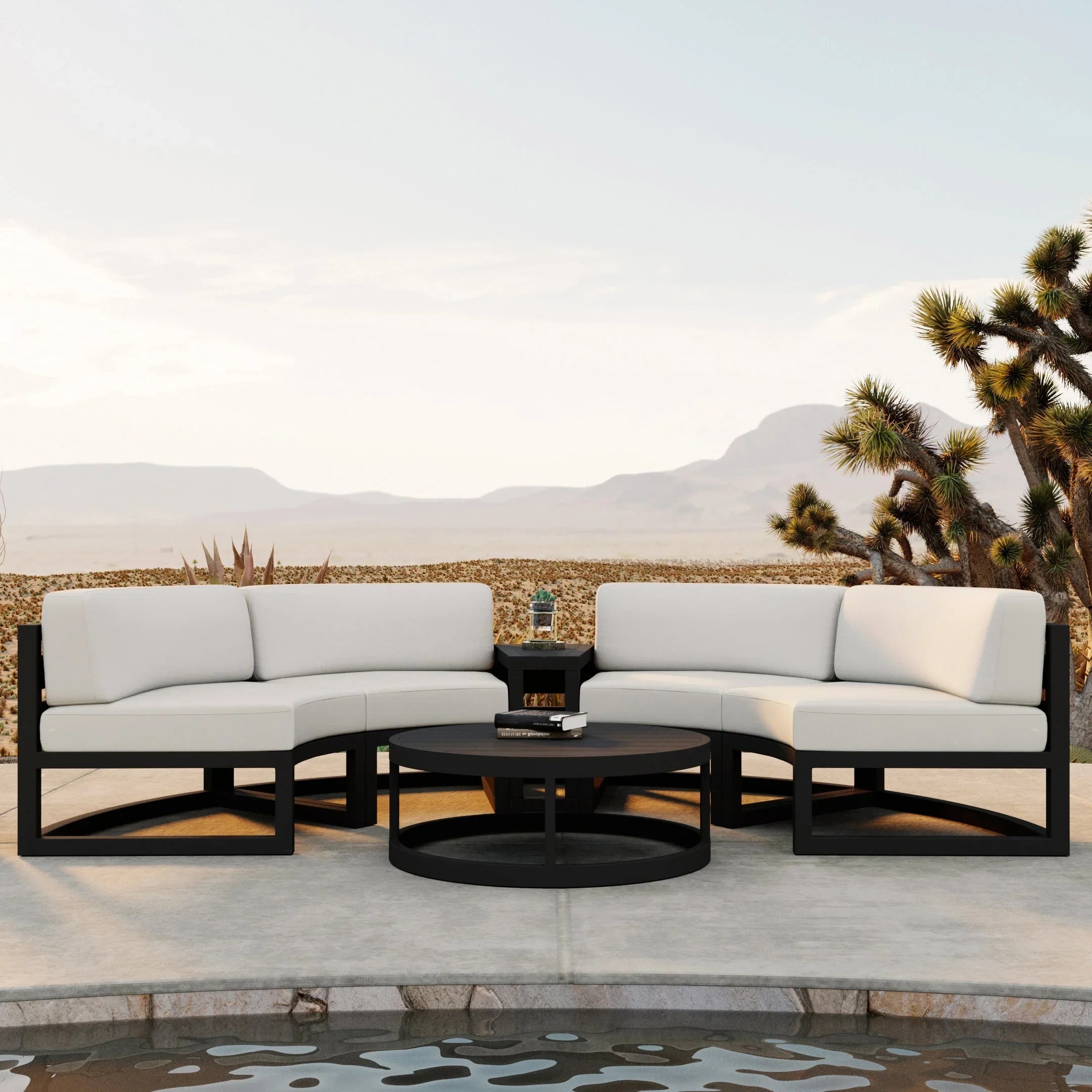 Avion 4 Piece Aluminum Curve Sectional Set#Finish_Black#Fabric_Canvas Natural