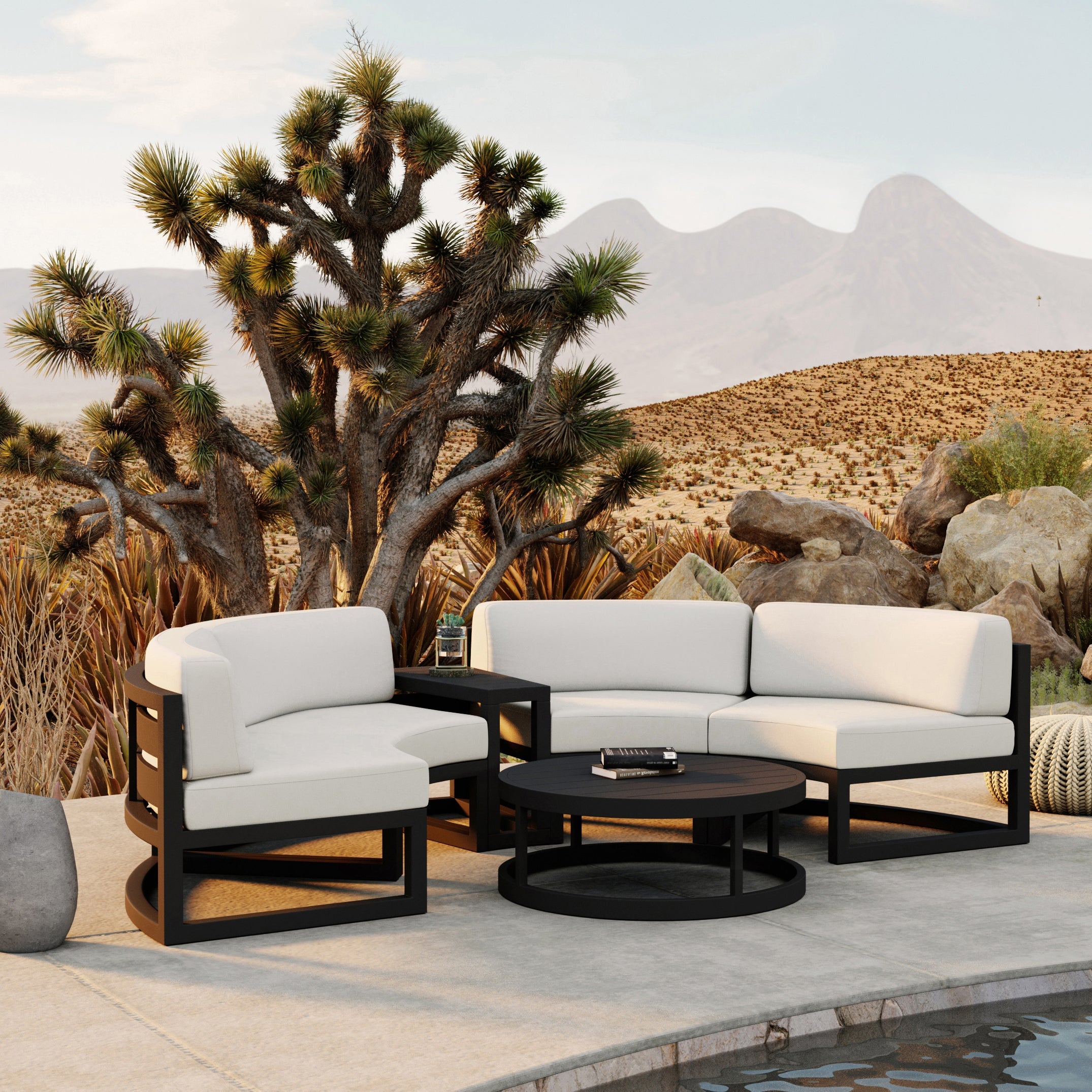 Avion 4 Piece Aluminum Curve Sectional Set#Finish_Black#Fabric_Canvas Natural