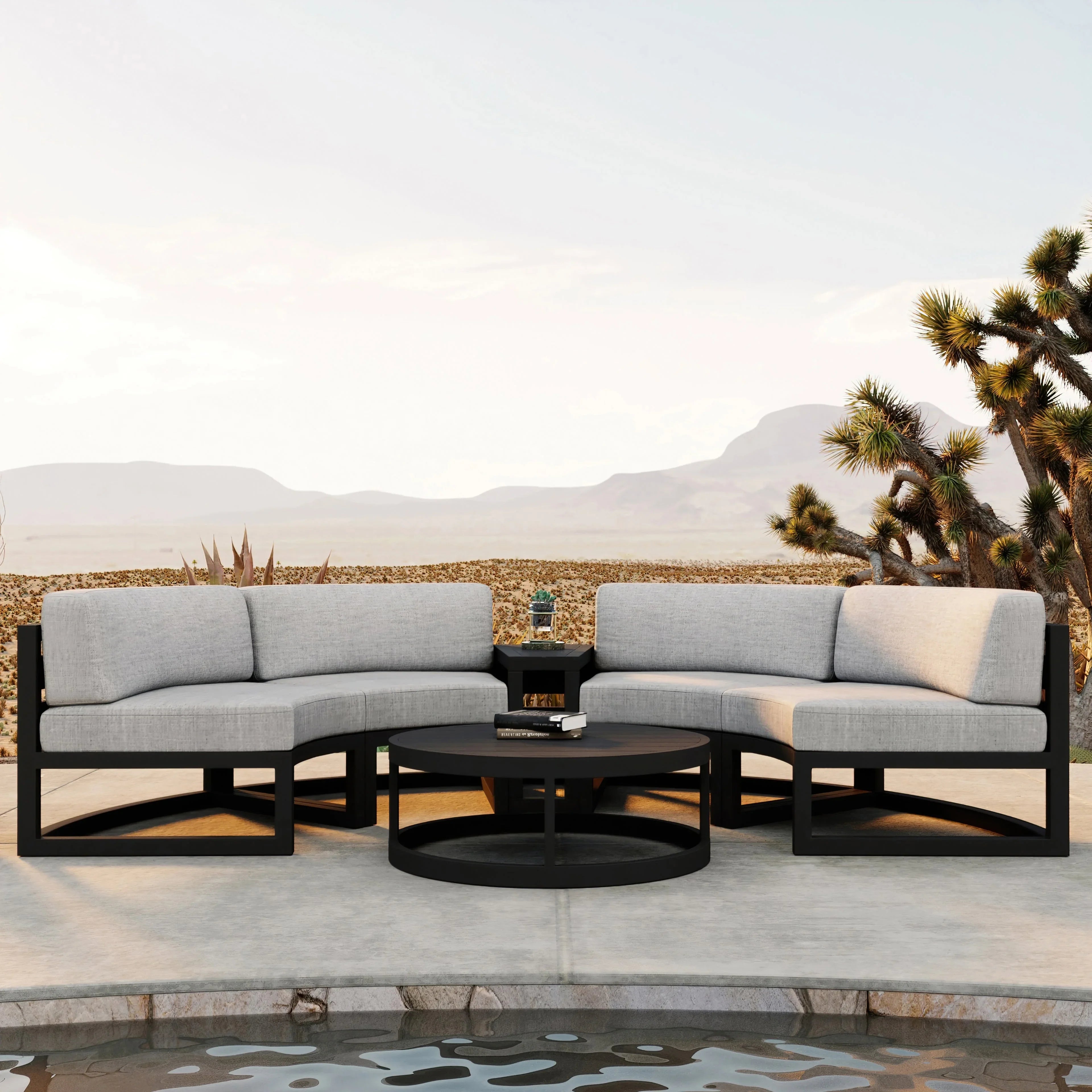 Avion 4 Piece Aluminum Curve Sectional Set#Finish_Black#Fabric_Cast Silver