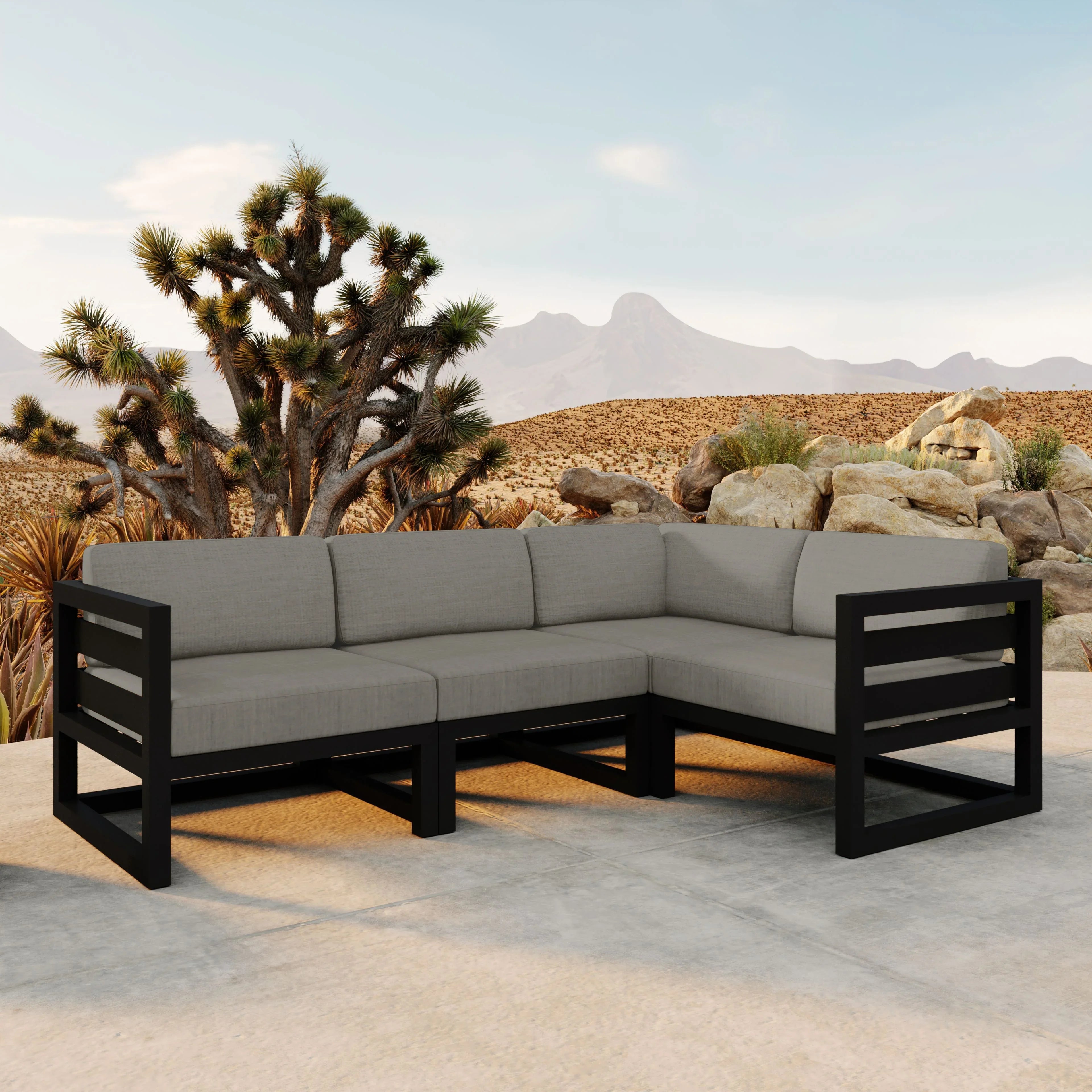 Avion 4 Piece Aluminum Sectional Set#Finish_Black#Fabric_Canvas Charcoal