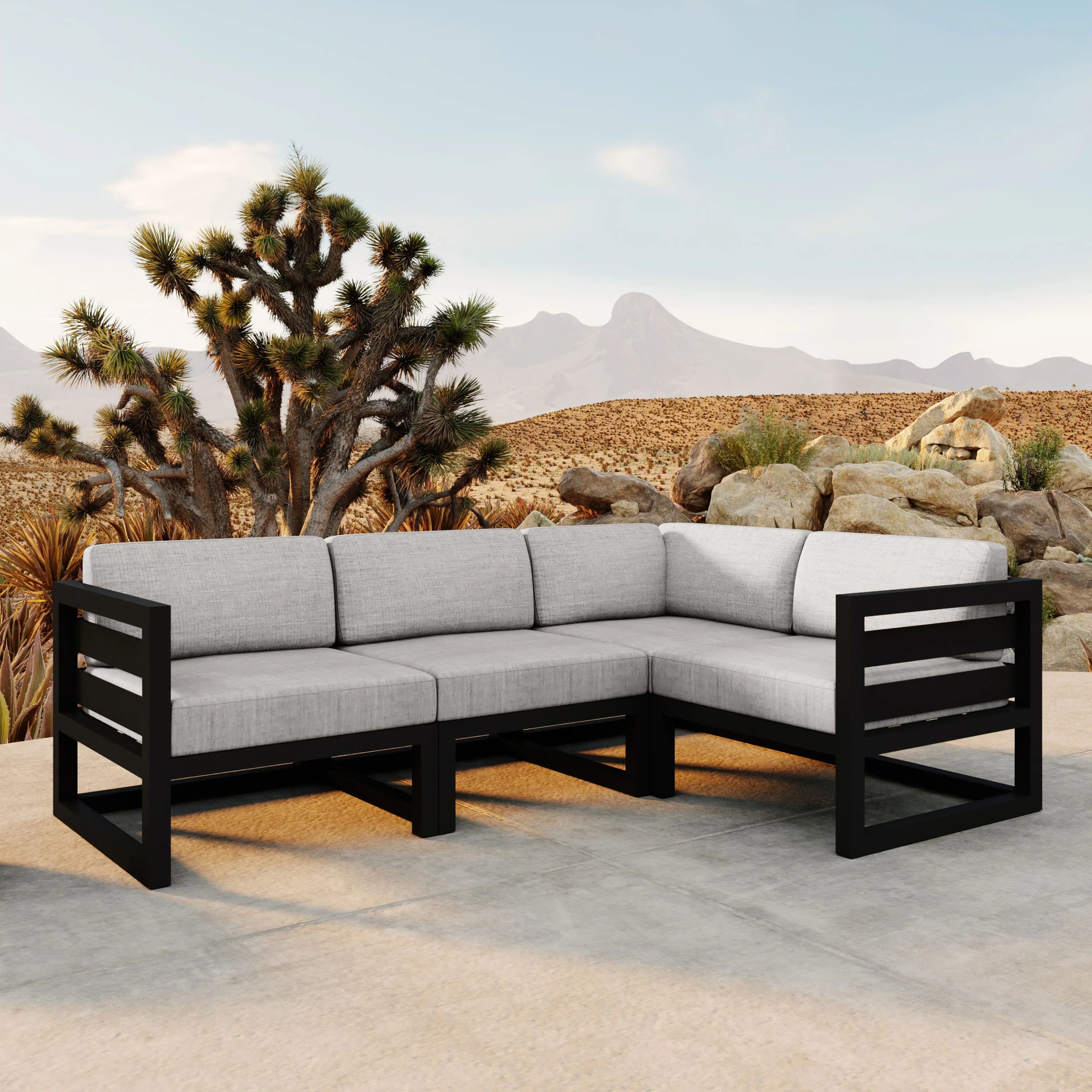 Avion 4 Piece Aluminum Sectional Set#Finish_Black#Fabric_Cast Silver