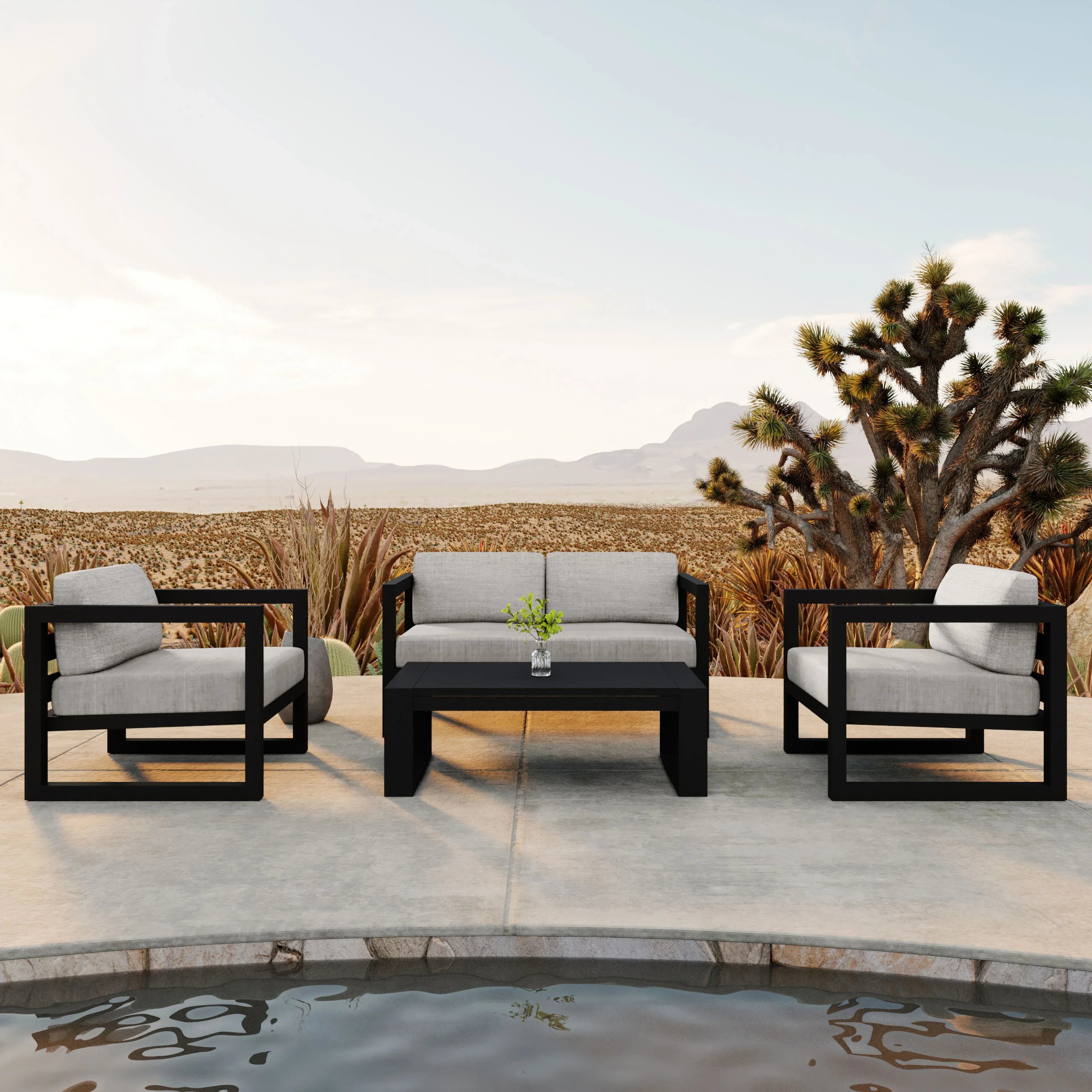 Avion 4 Piece Aluminum Loveseat Set#Finish_Black#Fabric_Cast Silver