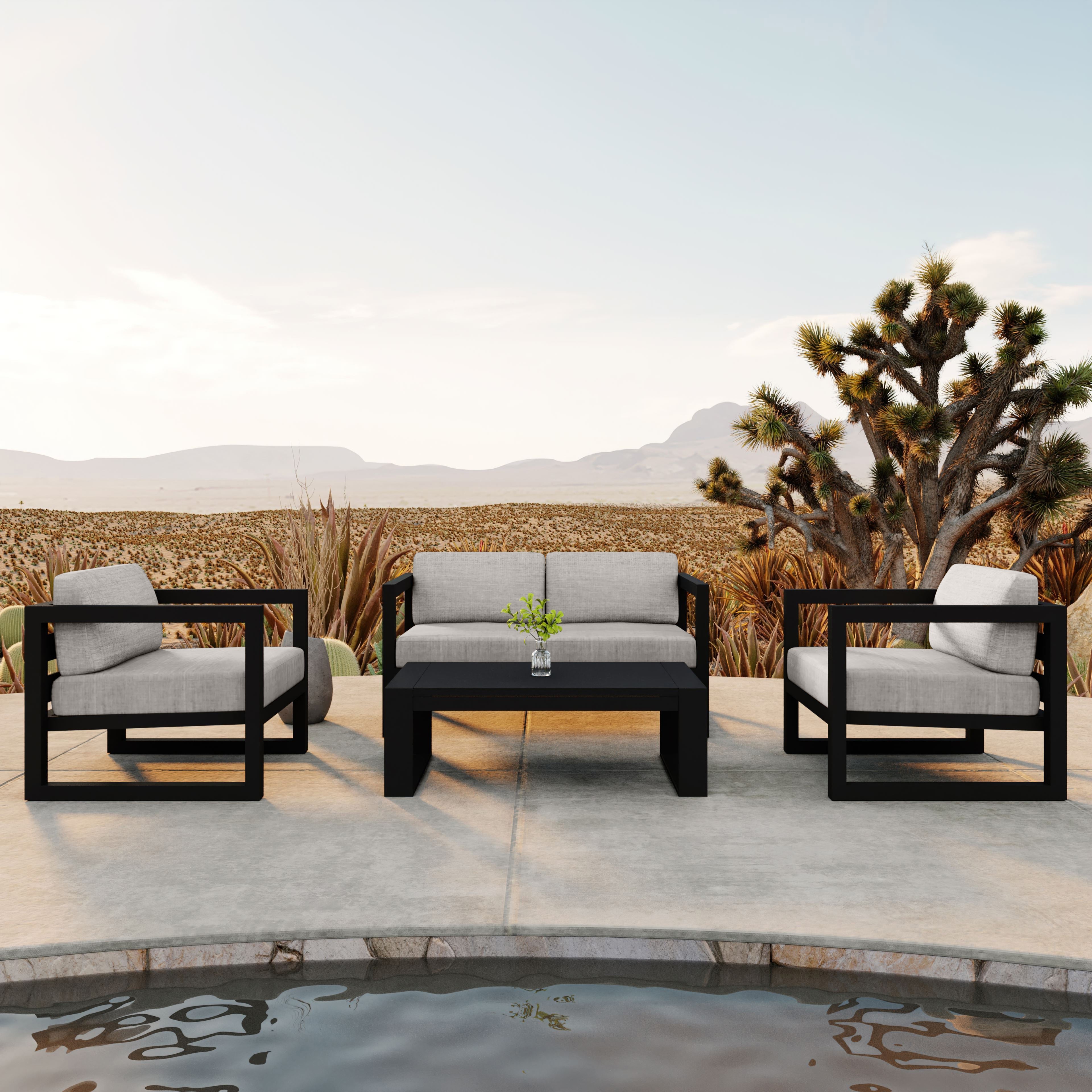 Avion 4 Piece Aluminum Loveseat Set#Finish_Black#Fabric_Cast Silver