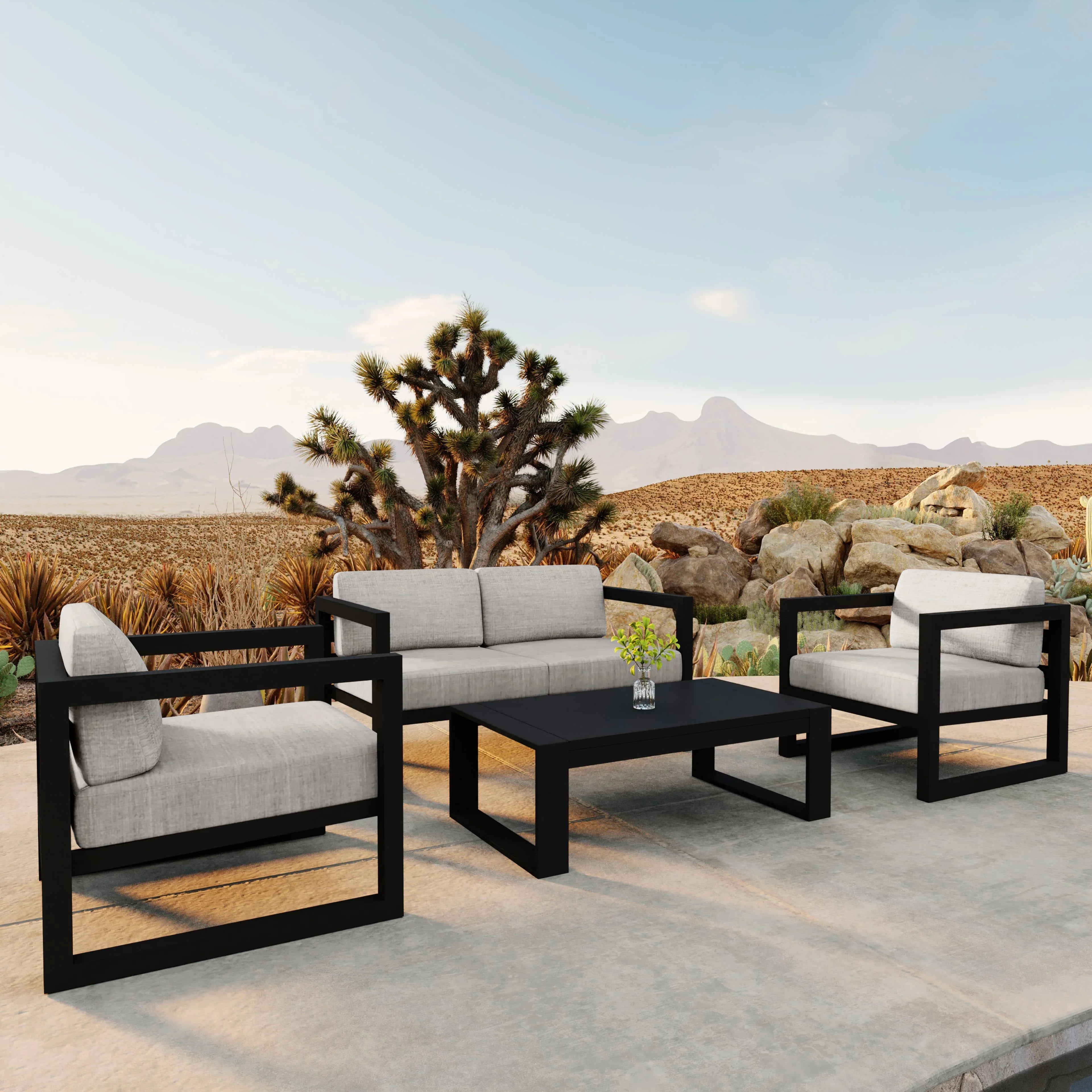Avion 4 Piece Aluminum Loveseat Set#Finish_Black#Fabric_Cast Silver