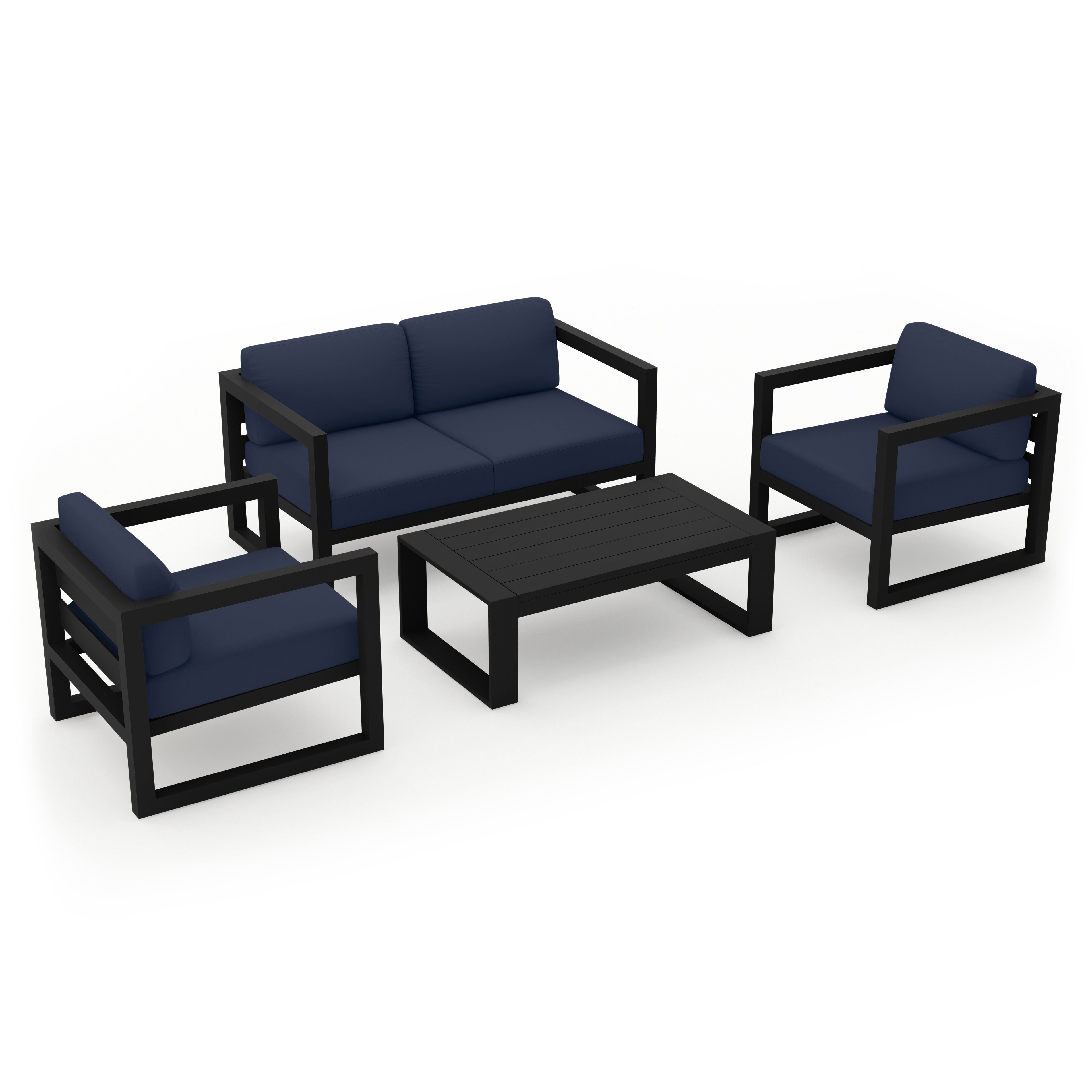 Avion 4 Piece Aluminum Loveseat Set#Finish_Black#Fabric_Spectrum Indigo