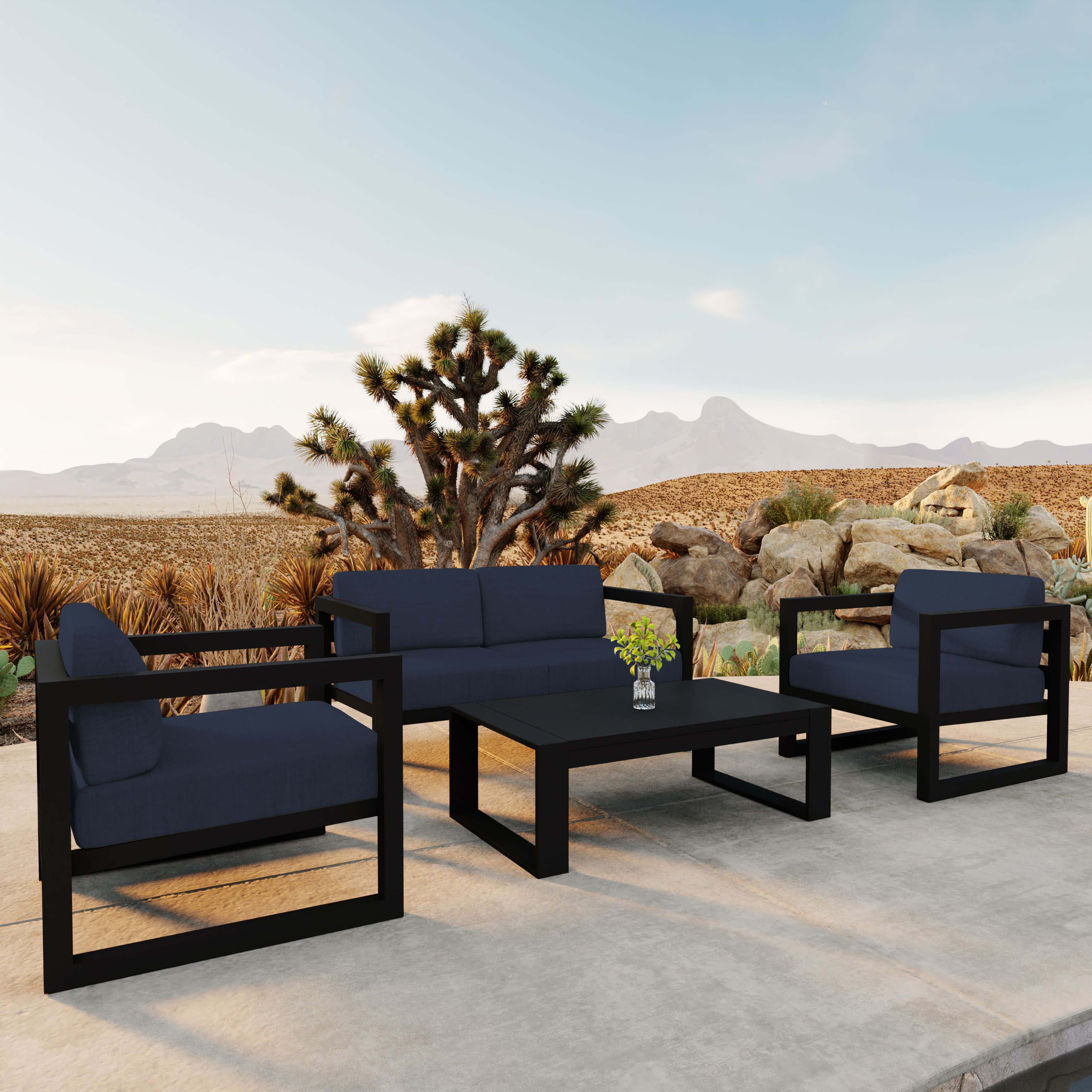 Avion 4 Piece Aluminum Loveseat Set#Finish_Black#Fabric_Spectrum Indigo