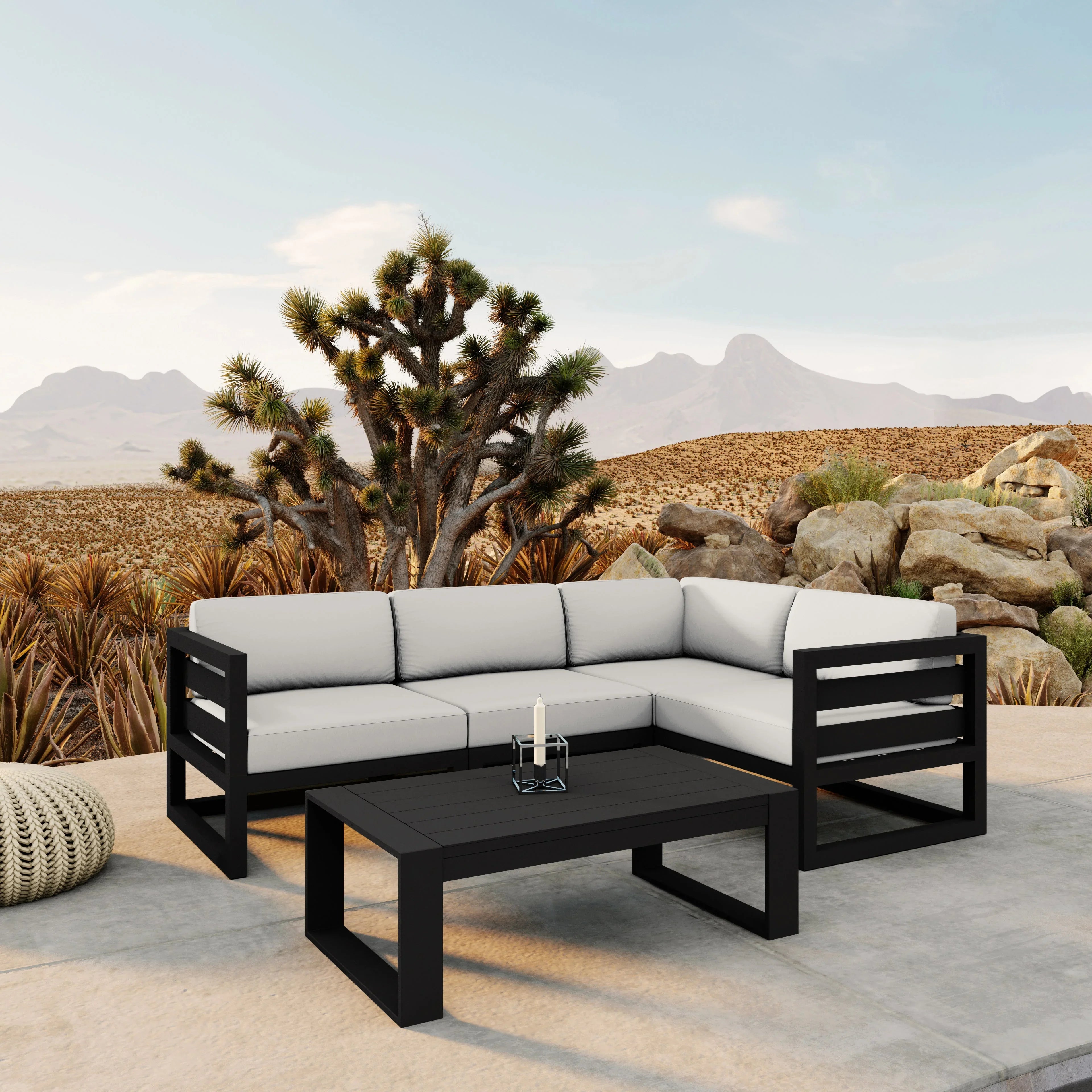 Avion 5 Piece Aluminum Sectional Set#Finish_Black#Fabric_Canvas Natural