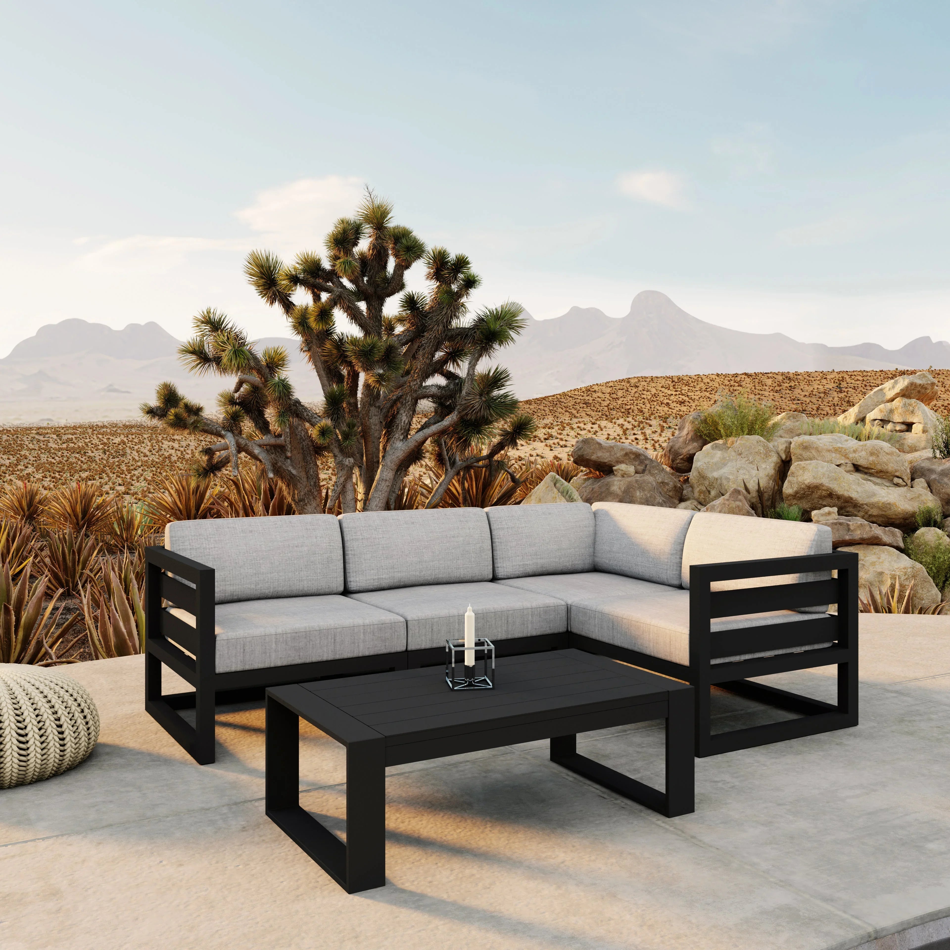 Avion 5 Piece Aluminum Sectional Set#Finish_Black#Fabric_Cast Silver