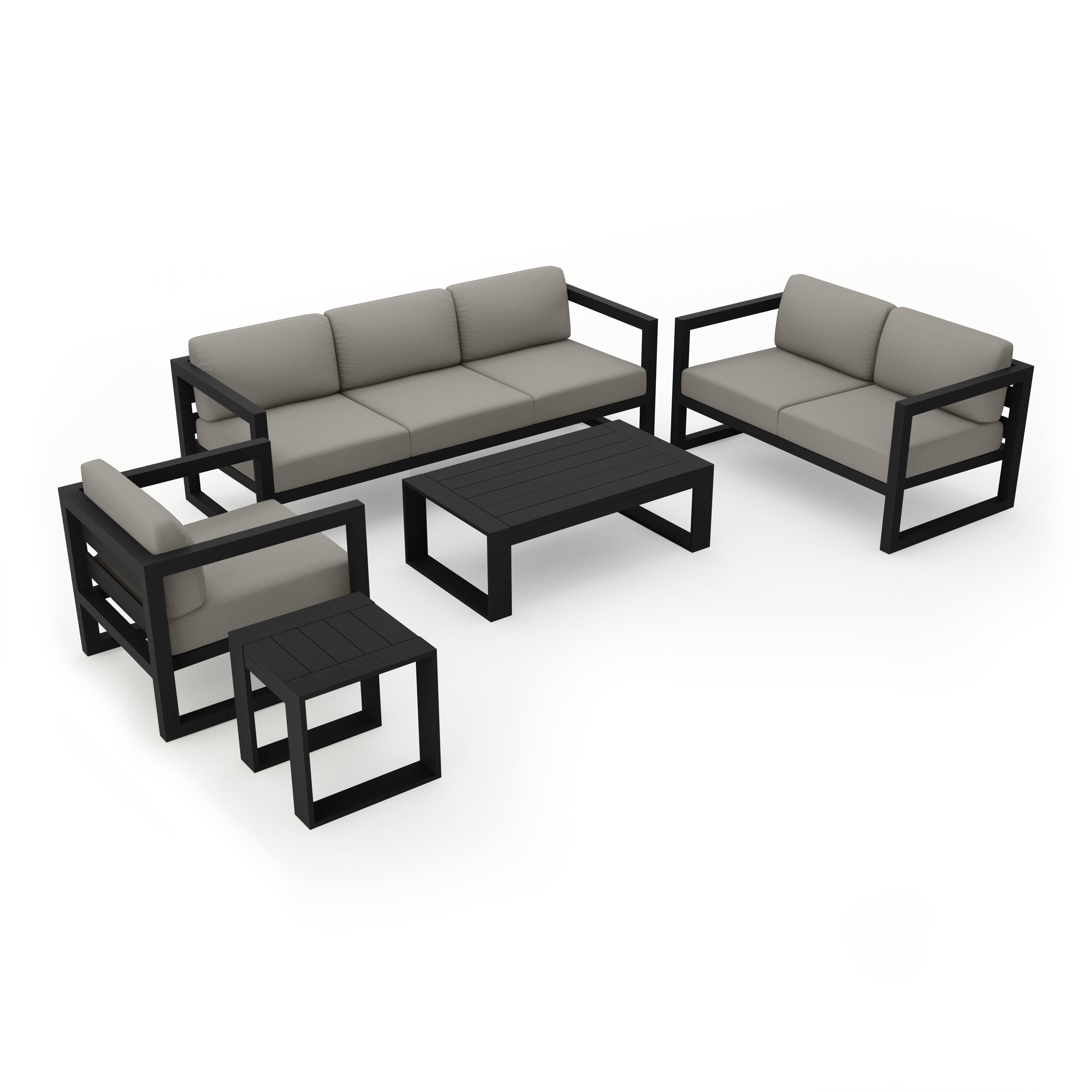 Avion 5 Piece Aluminum Sofa Set#Finish_Black#Fabric_Canvas Charcoal