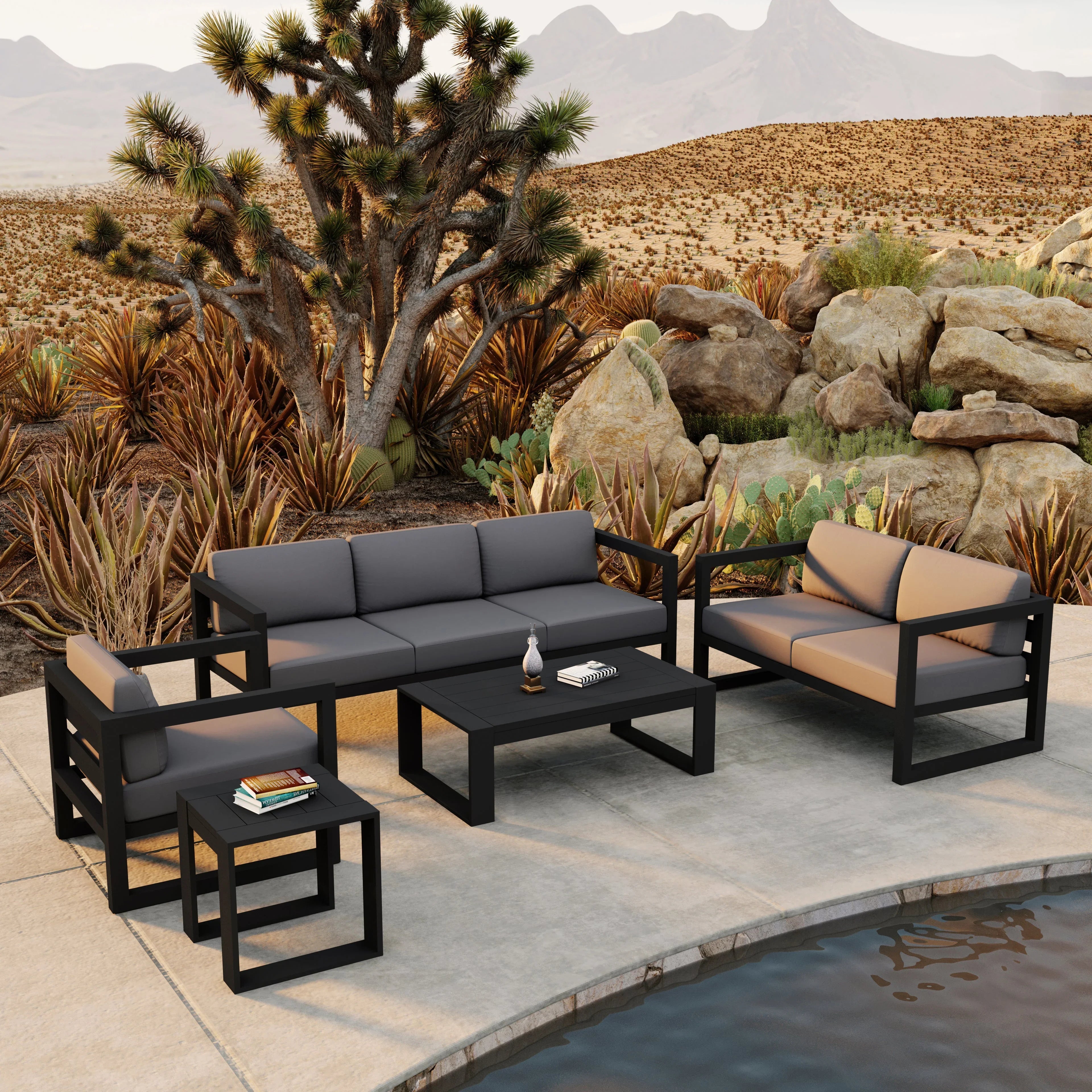 Avion 5 Piece Aluminum Sofa Set#Finish_Black#Fabric_Canvas Charcoal