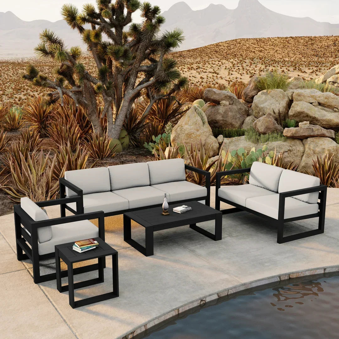 Avion 5 Piece Aluminum Sofa Set#Finish_Black#Fabric_Canvas Natural