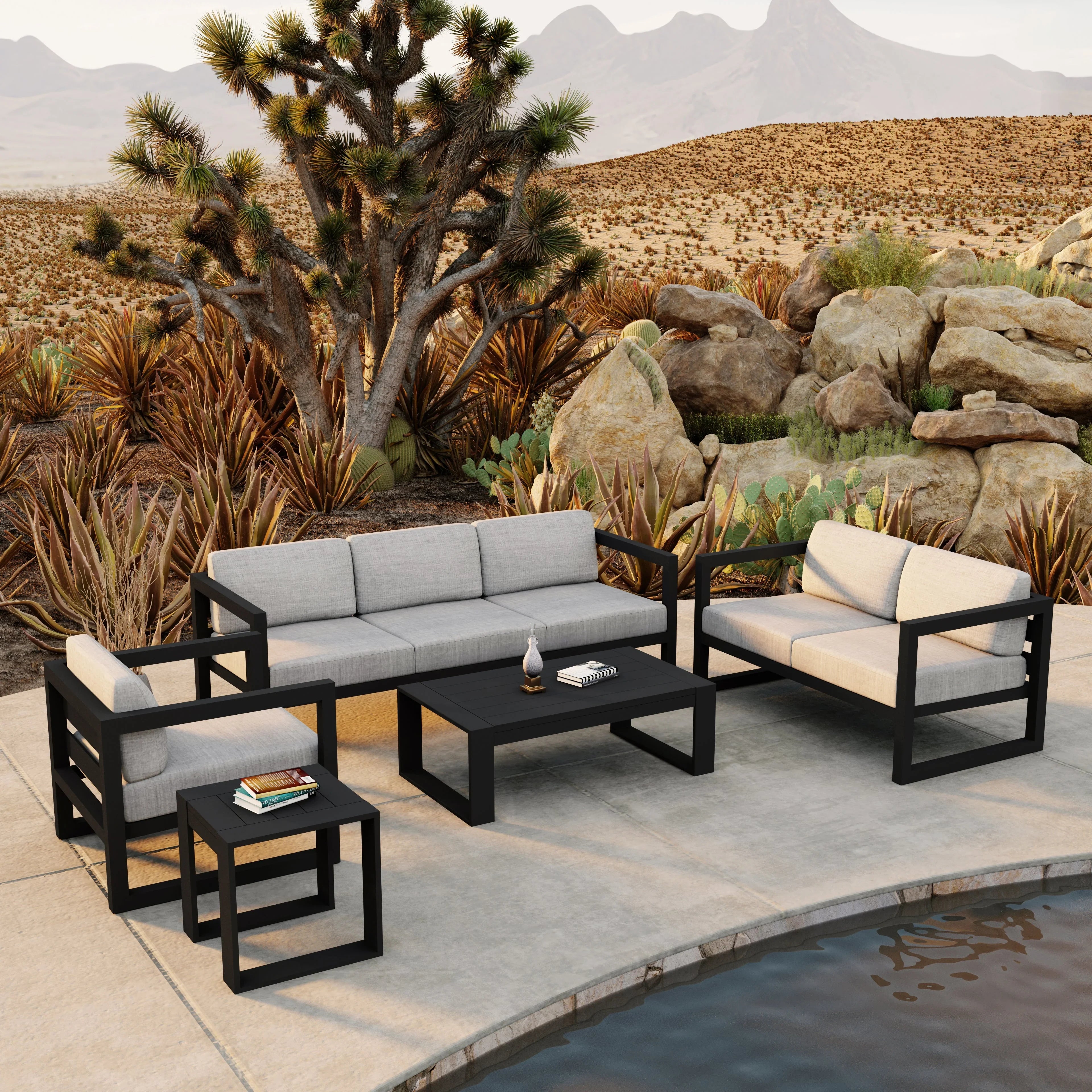 Avion 5 Piece Aluminum Sofa Set#Finish_Black#Fabric_Cast Silver
