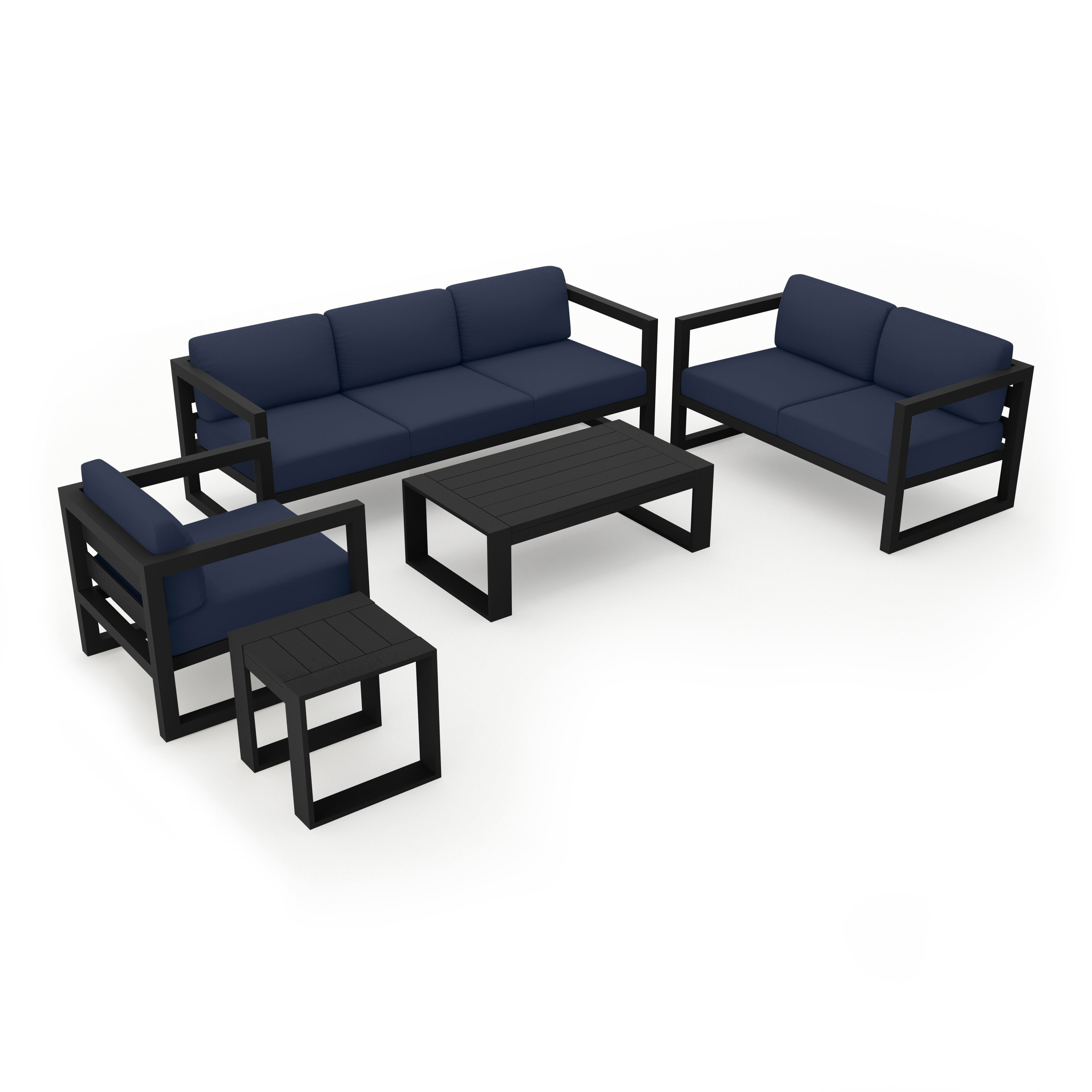Avion 5 Piece Aluminum Sofa Set#Finish_Black#Fabric_Spectrum Indigo